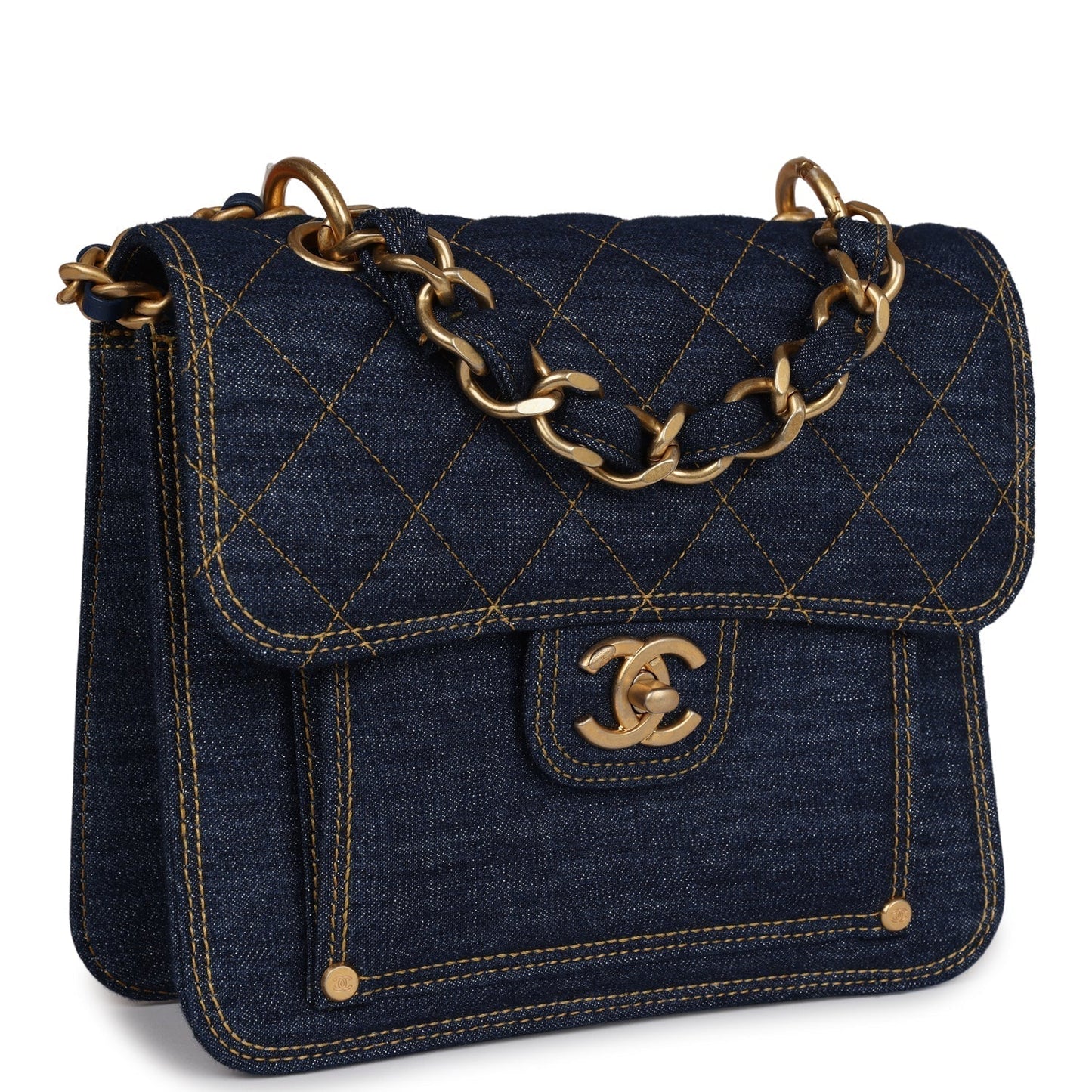 Chanel Square Flap Blue Denim Antique Gold Hardware Accessory