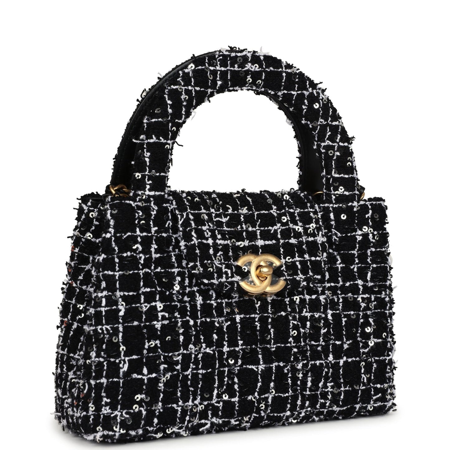 Chanel Small Kelly Shopper Black, White & Silver Sequin Tweed Brushed Gold Hardware Bag