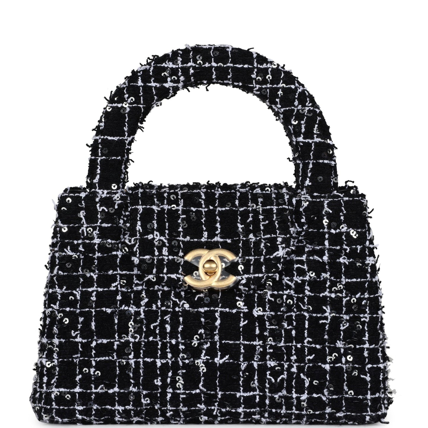 Small Kelly Shopper Black, White & Silver Sequin Tweed Brushed Gold Hardware Bag Signature