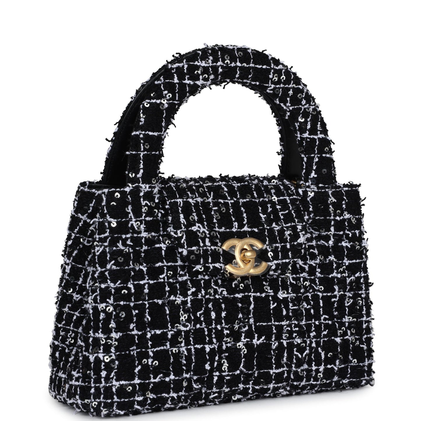 Small Kelly Shopper Black, White & Silver Sequin Tweed Brushed Gold Hardware Bag Signature