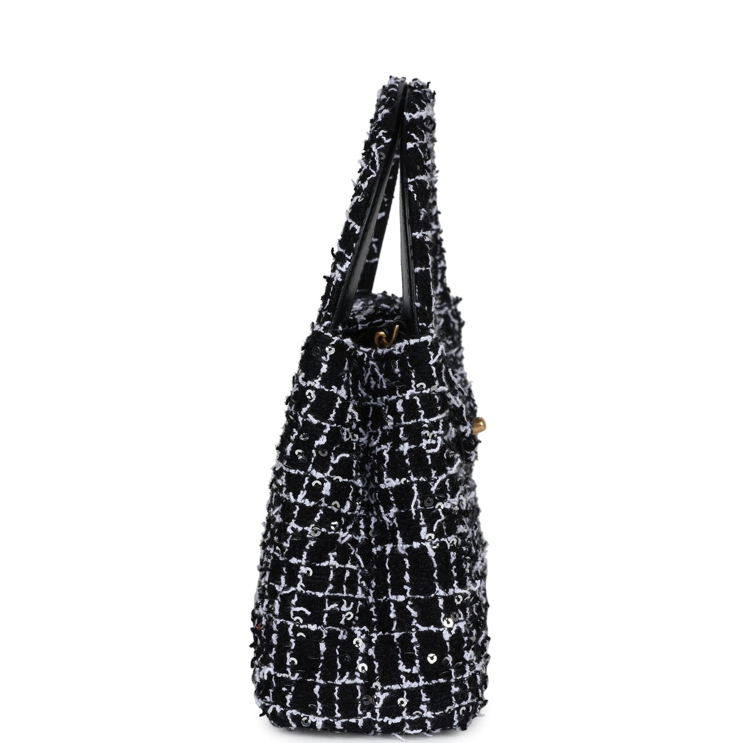 Small Kelly Shopper Black, White & Silver Sequin Tweed Brushed Gold Hardware Bag Signature