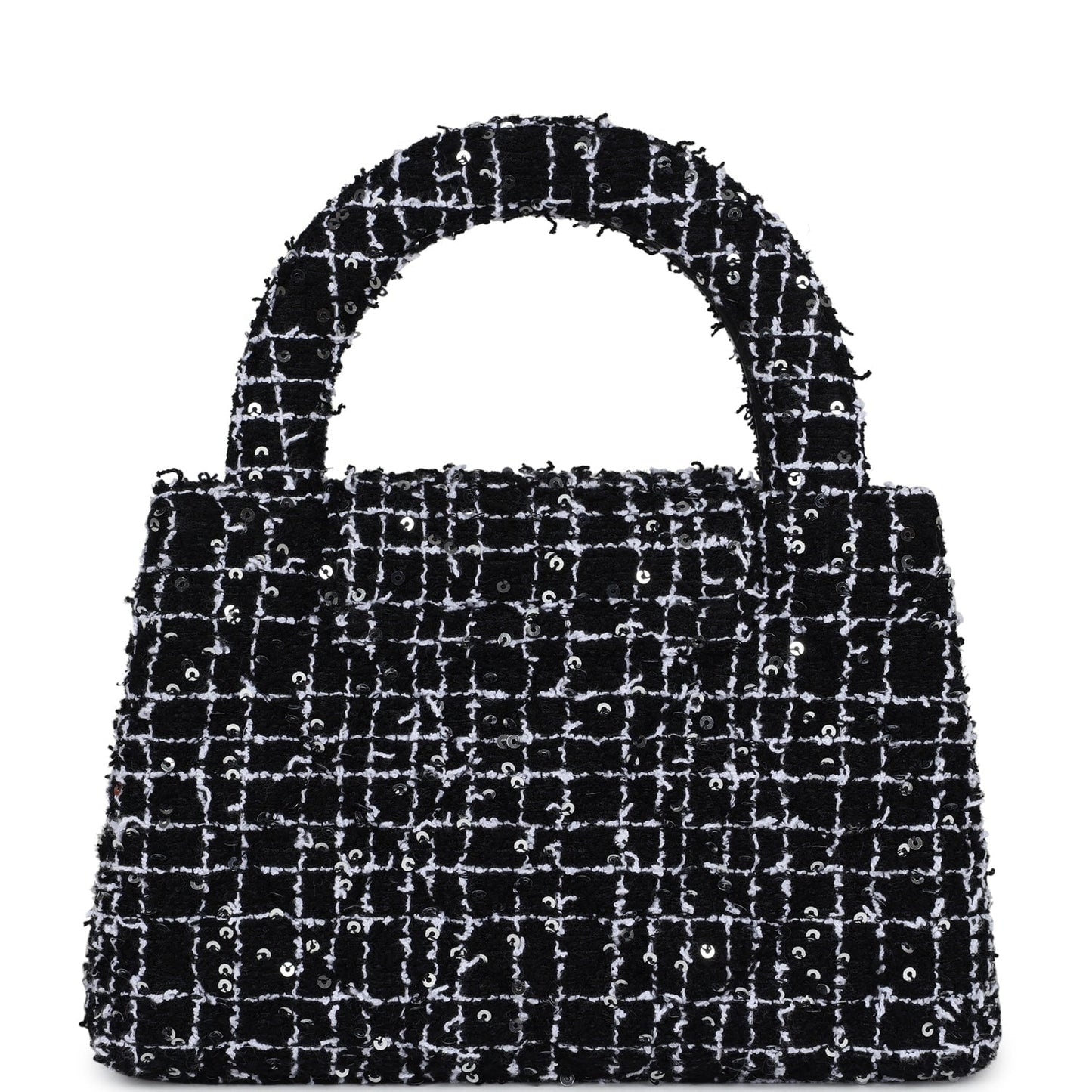 Small Kelly Shopper Black, White & Silver Sequin Tweed Brushed Gold Hardware Bag Signature