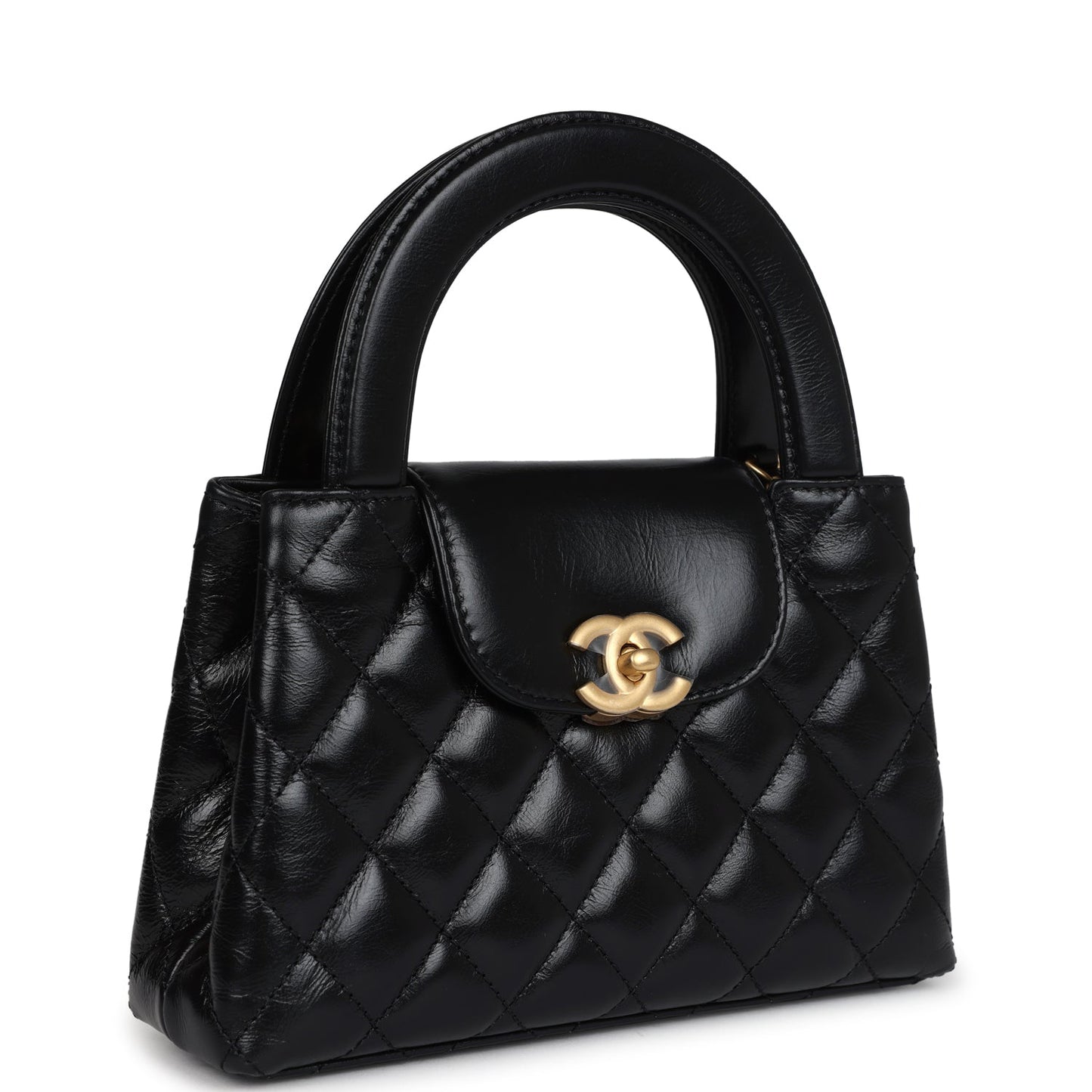 Small Kelly Shopper Black Shiny Aged Calfskin Brushed Gold Hardware Bag Signature