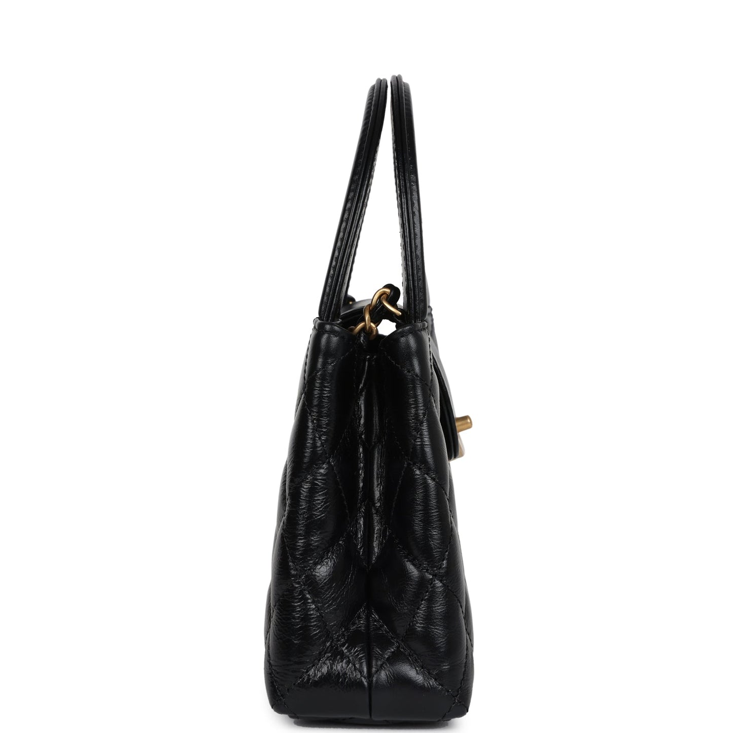 Small Kelly Shopper Black Shiny Aged Calfskin Brushed Gold Hardware Bag Signature