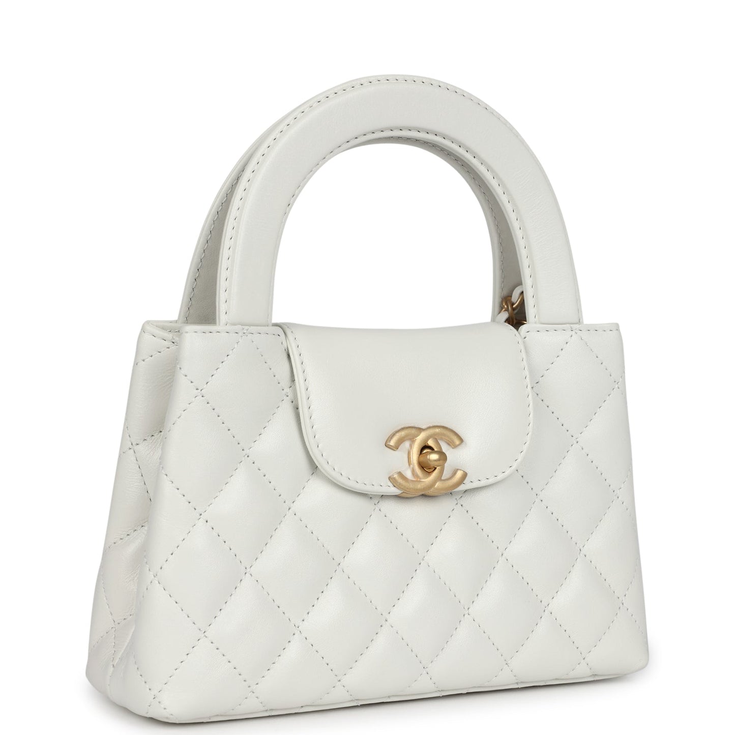 Small Kelly Shopper White Shiny Aged Calfskin Brushed Gold Hardware Bag Signature