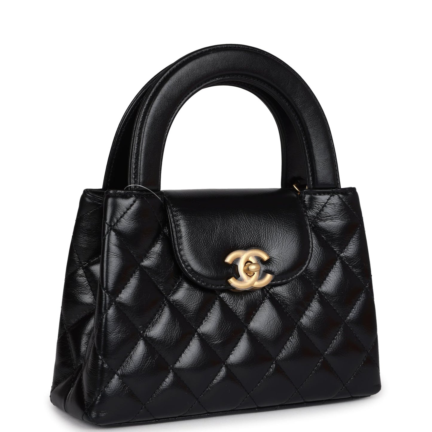 Small Kelly Shopper Black Shiny Aged Calfskin Brushed Gold Hardware Bag Elegant
