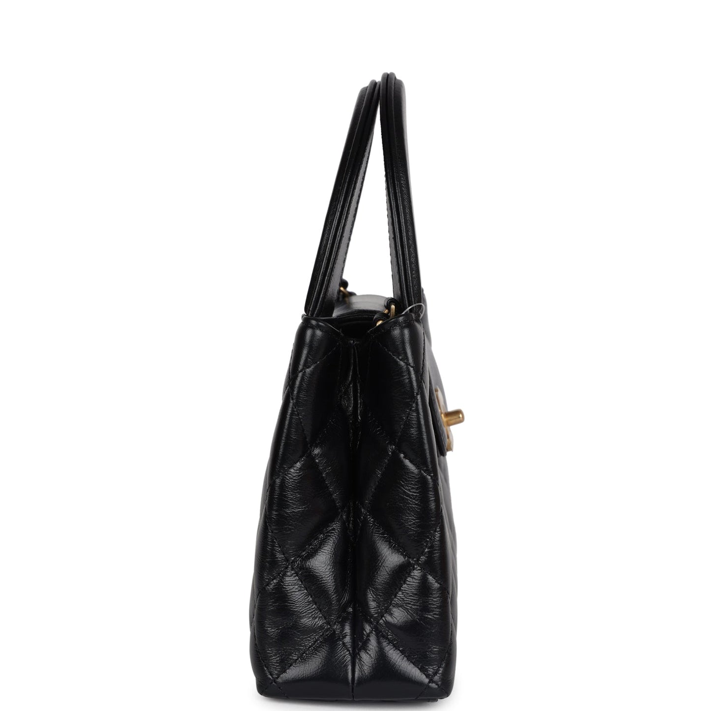 Small Kelly Shopper Black Shiny Aged Calfskin Brushed Gold Hardware Bag Elegant