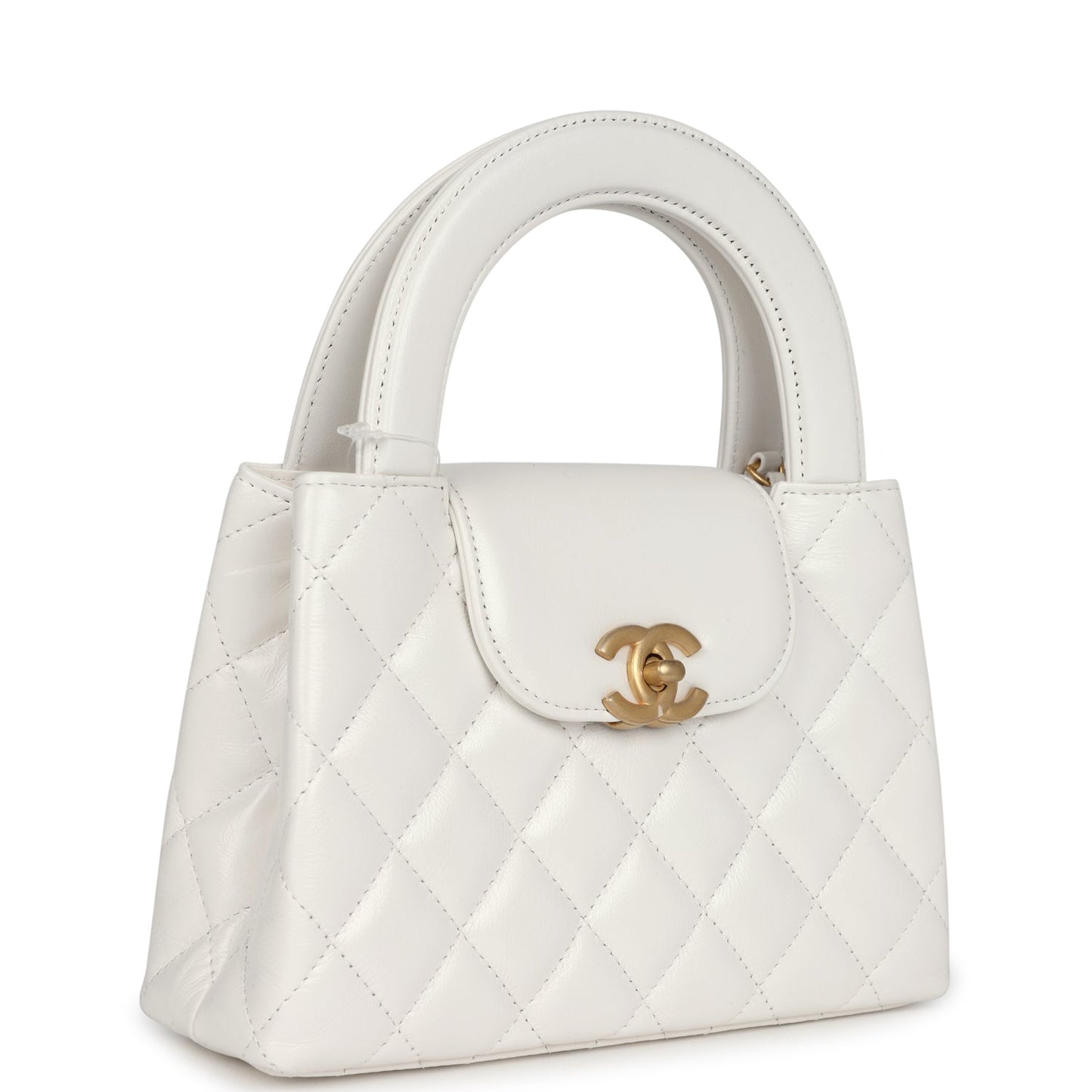 Small Kelly Shopper White Shiny Aged Calfskin Brushed Gold Hardware Bag Refined
