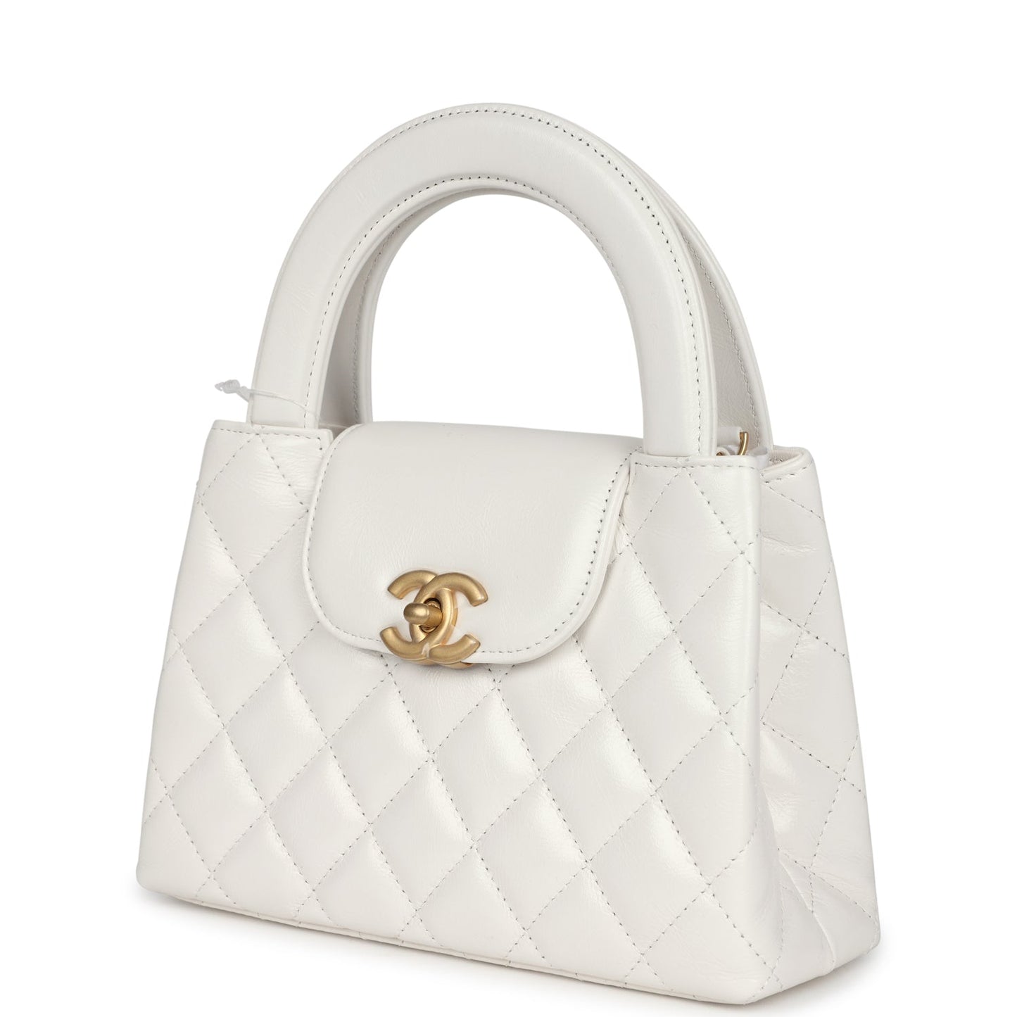 Small Kelly Shopper White Shiny Aged Calfskin Brushed Gold Hardware Bag Refined