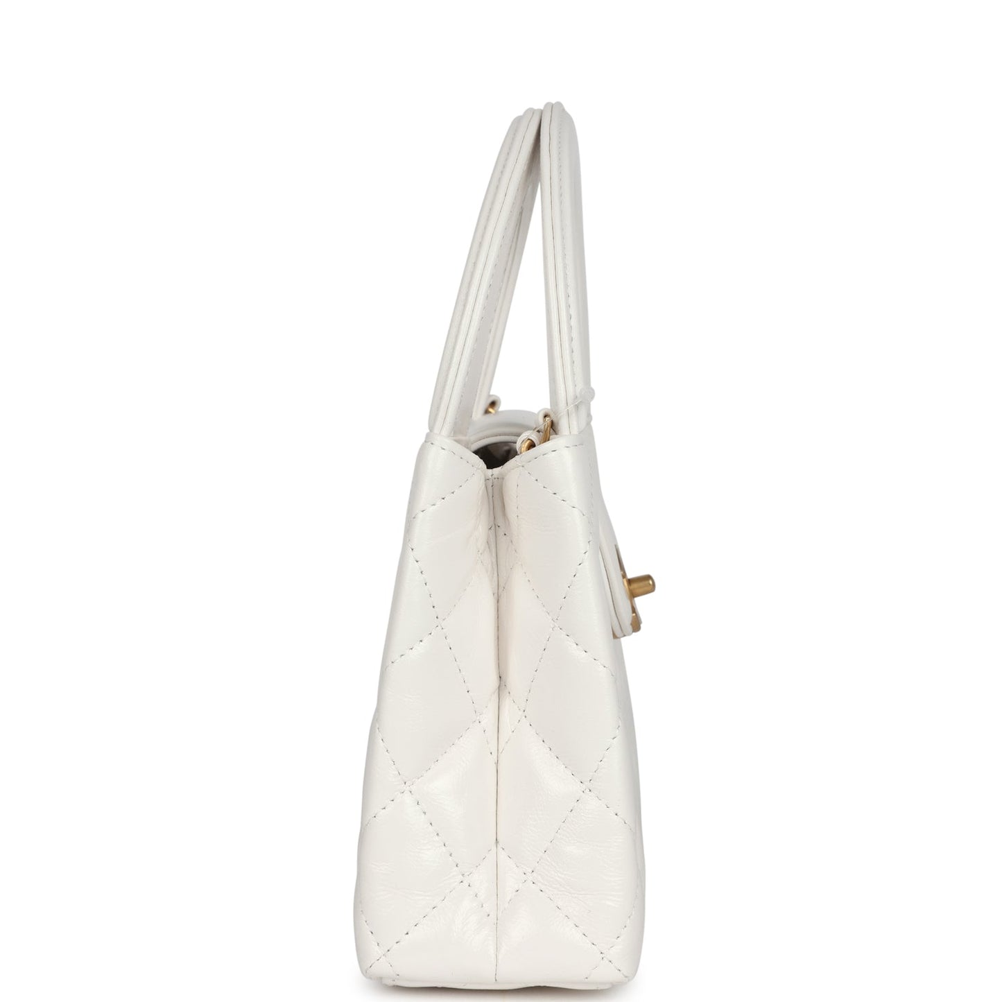 Small Kelly Shopper White Shiny Aged Calfskin Brushed Gold Hardware Bag Refined