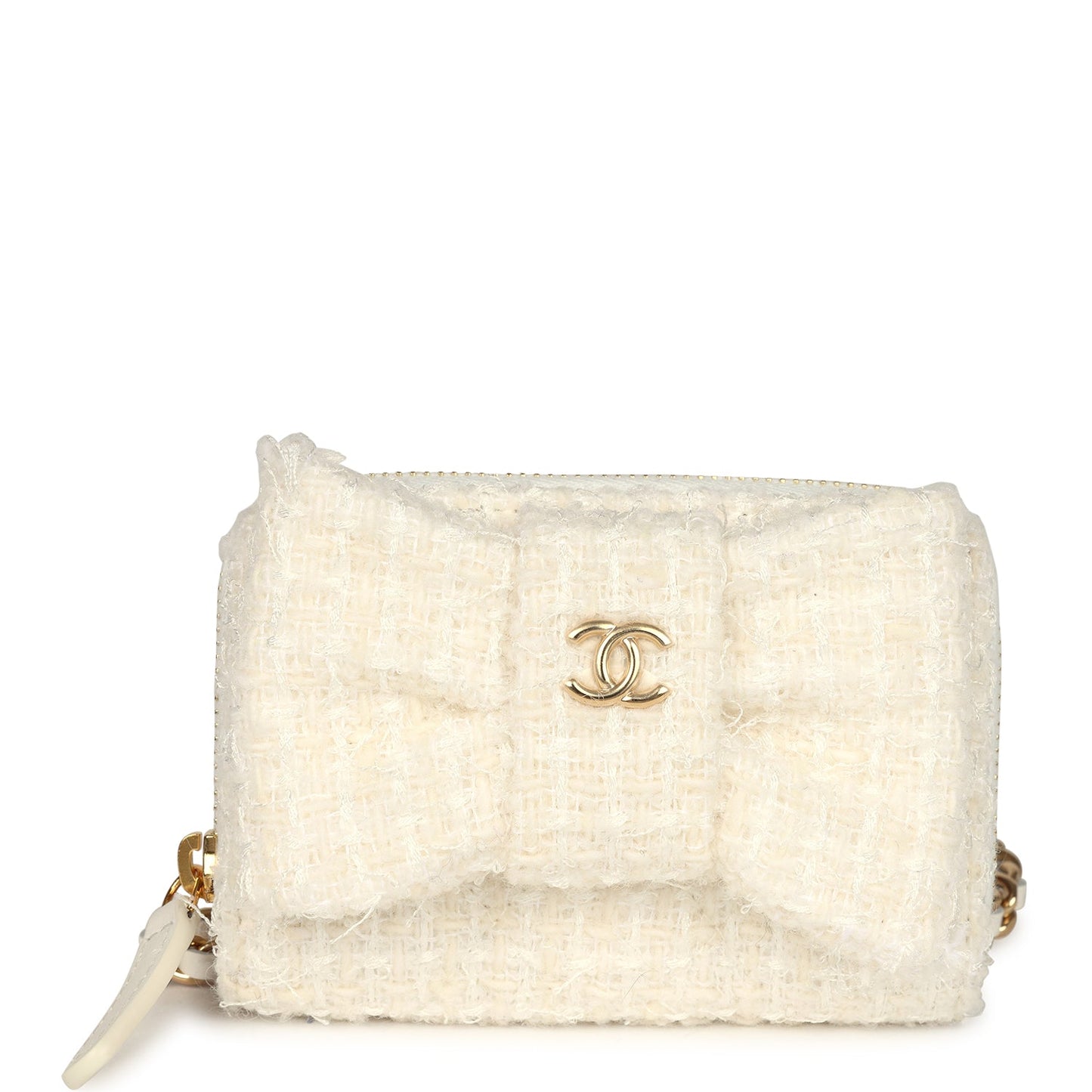 Chanel VIP Wallet on Chain WOC Bow White Tweed Gold Hardware Bag