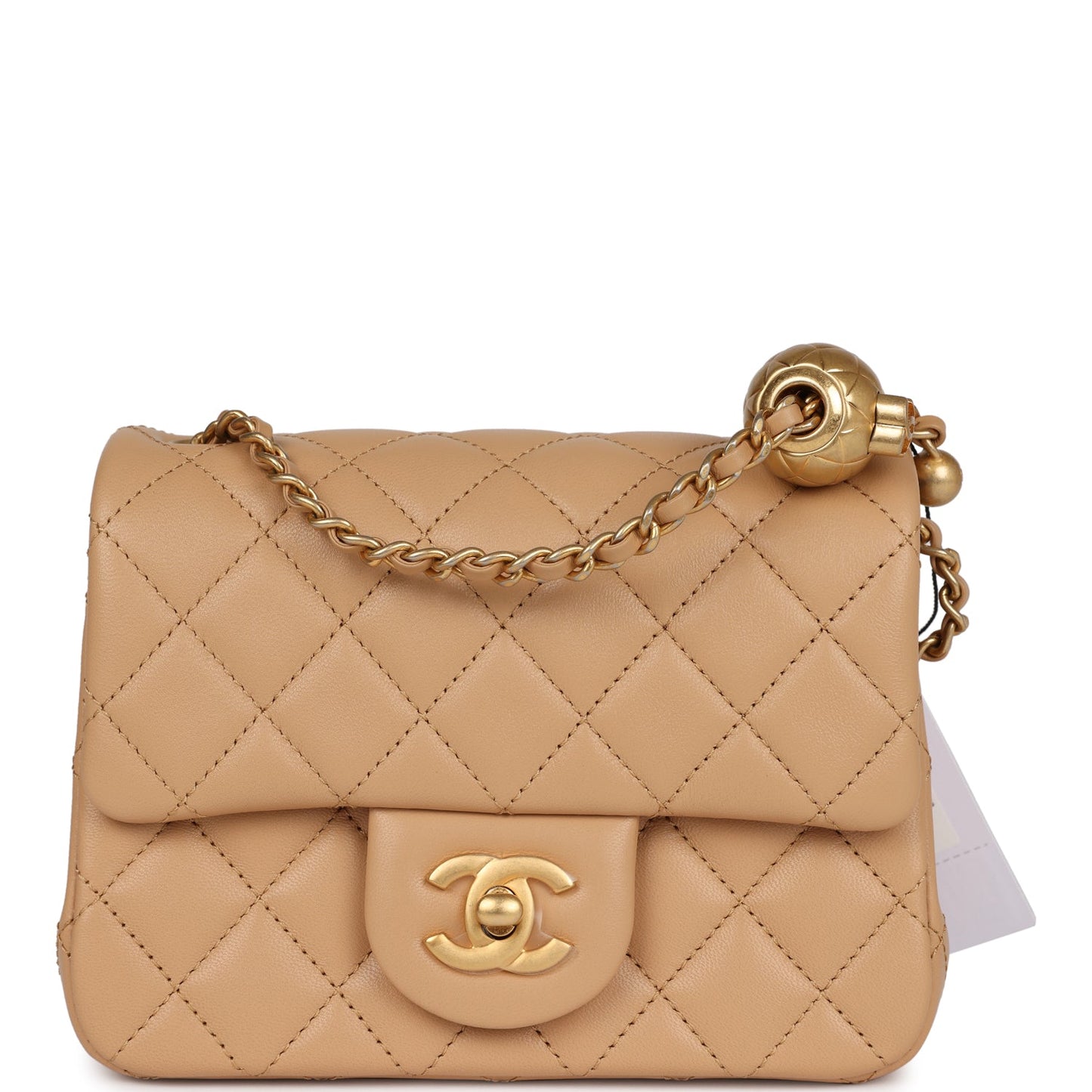 Chanel Pearl Crush Mini Square Flap Beige Lambskin Brushed Gold Hardware Accessory
