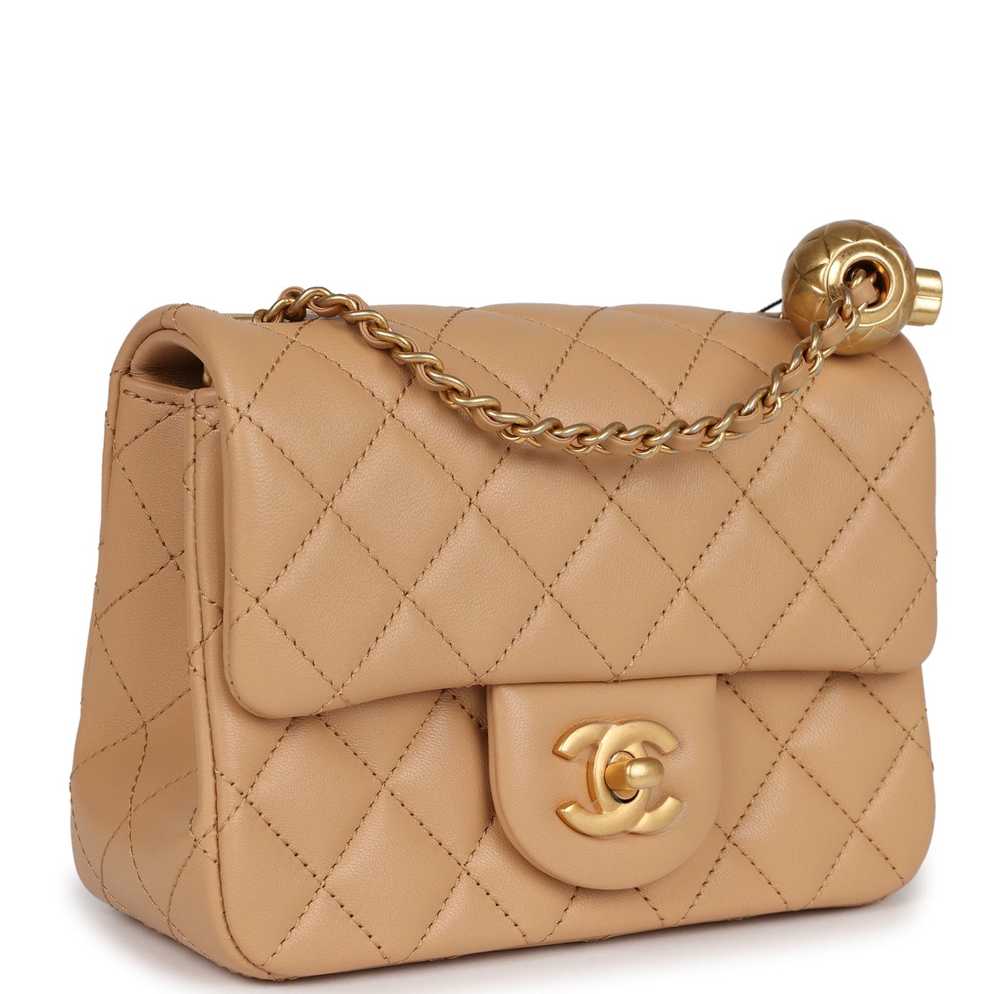 Chanel Pearl Crush Mini Square Flap Beige Lambskin Brushed Gold Hardware Accessory