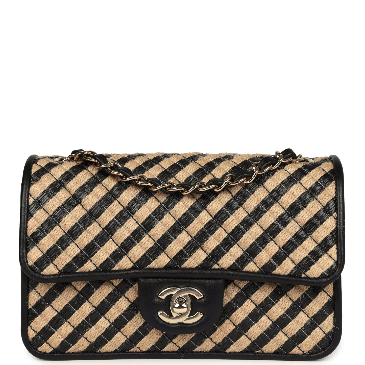 Chanel Small Urban Jungle Flap Beige and Black Stripe Raffia Jute Gold Hardware Accessory