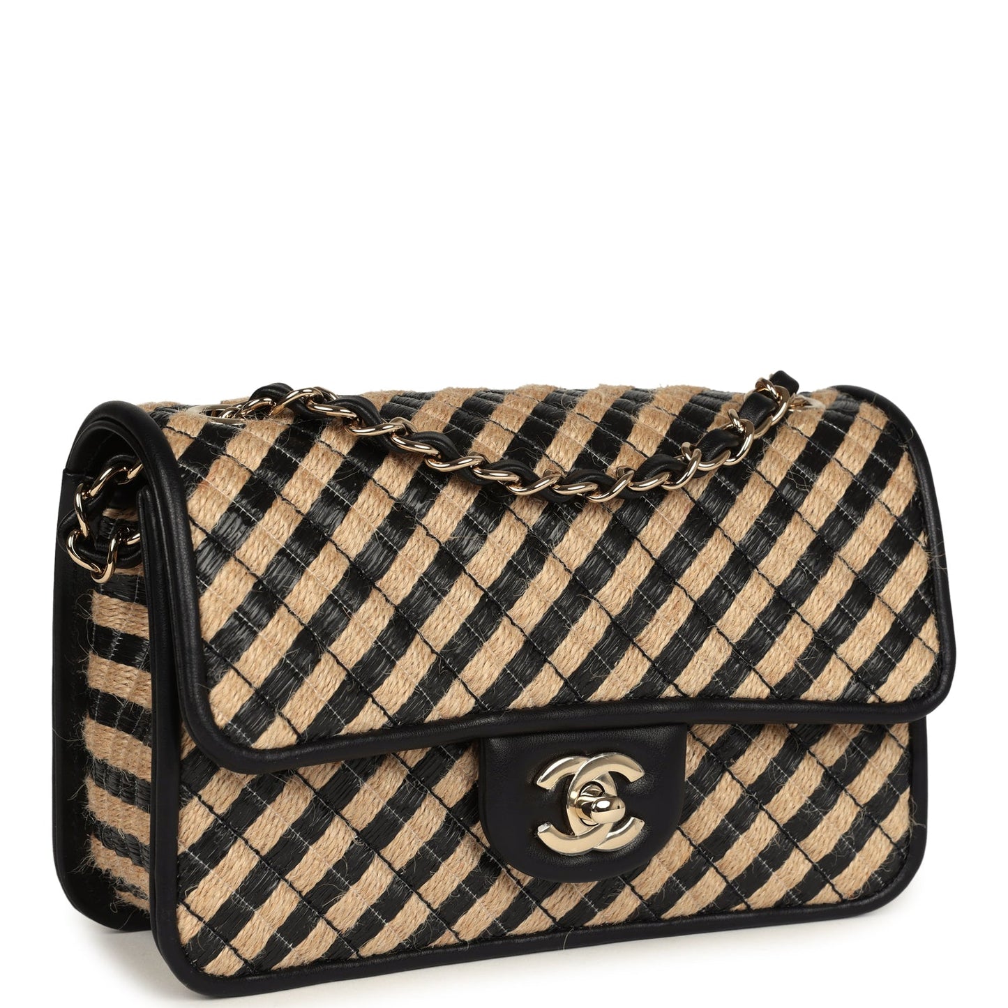 Chanel Small Urban Jungle Flap Beige and Black Stripe Raffia Jute Gold Hardware Accessory