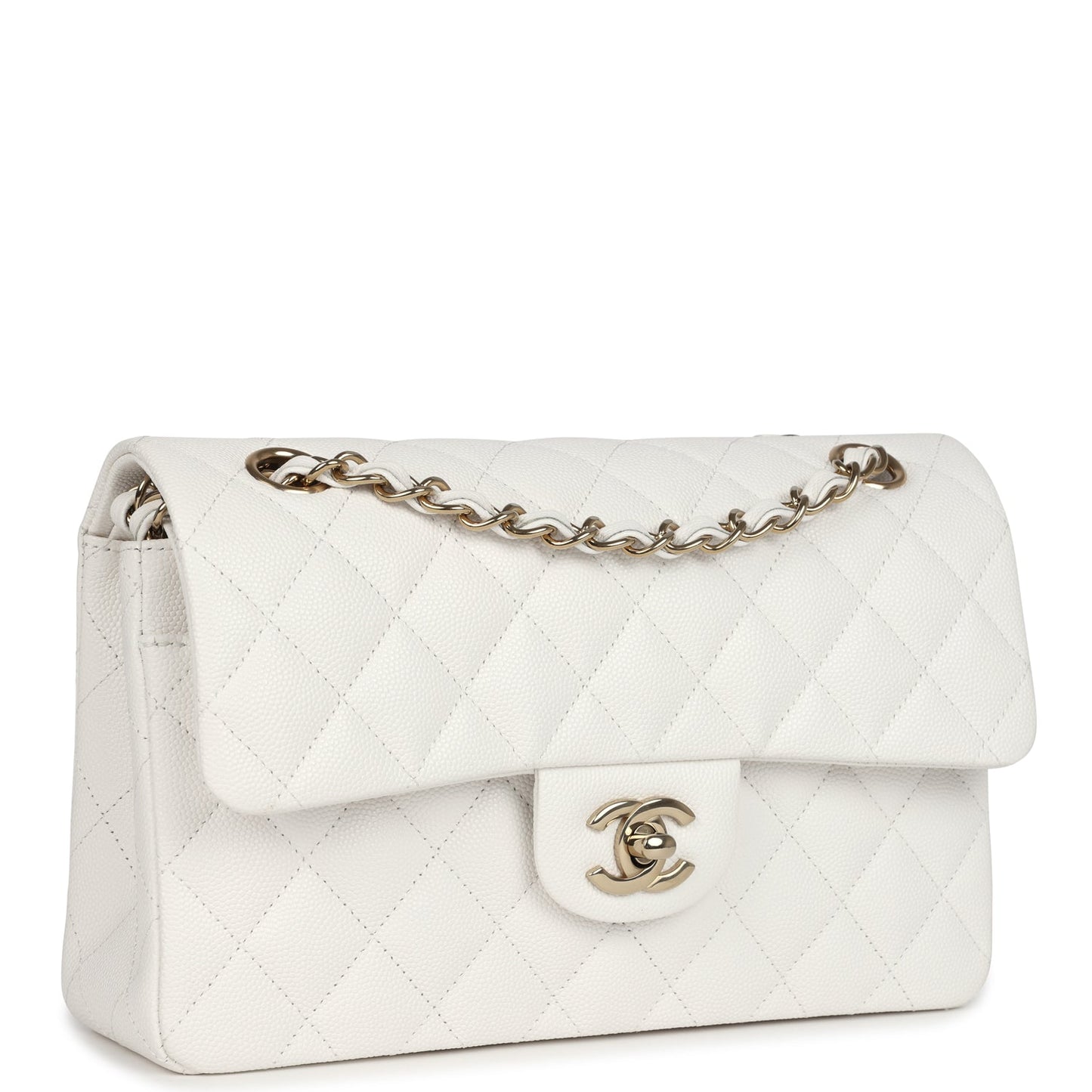 Small Classic Double Flap White Caviar Light Gold Hardware Accessory Signature