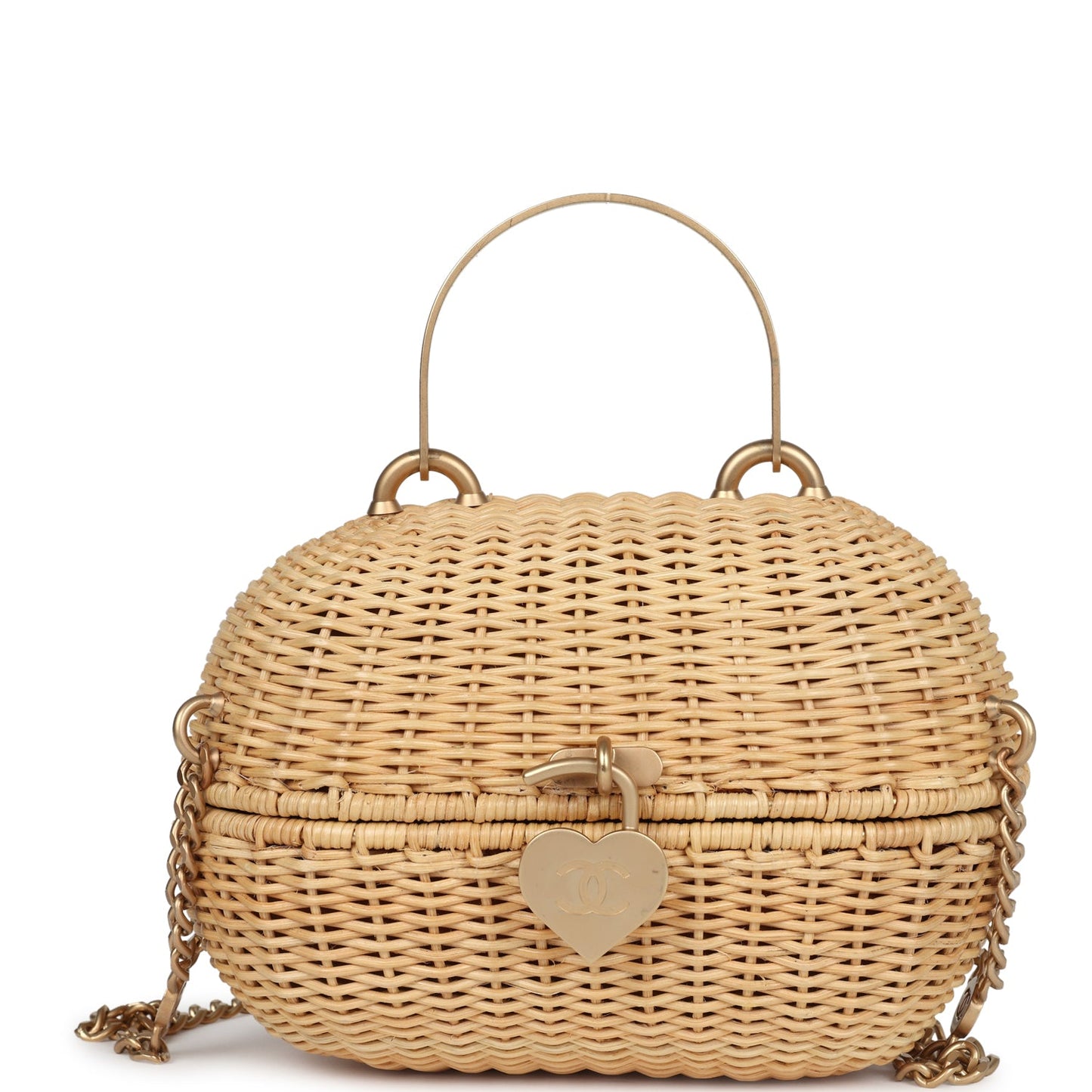 Chanel Small Heart Lock Basket Natural Wicker Brushed Gold Hardware Accessory