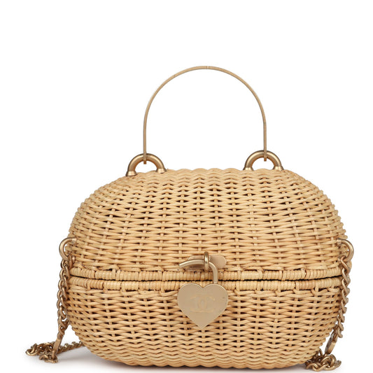 Chanel Small Heart Lock Basket Natural Wicker Brushed Gold Hardware Accessory