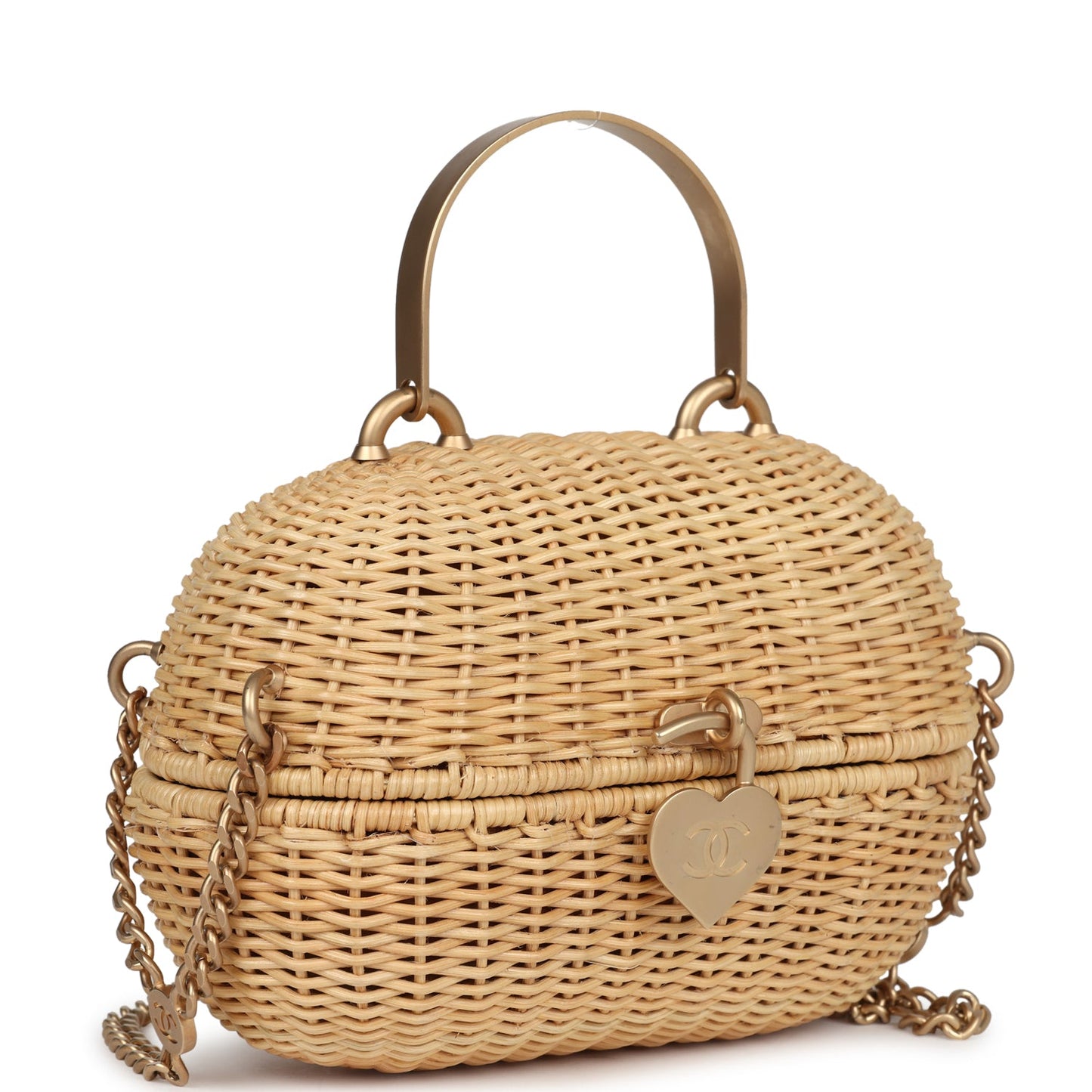 Chanel Small Heart Lock Basket Natural Wicker Brushed Gold Hardware Accessory
