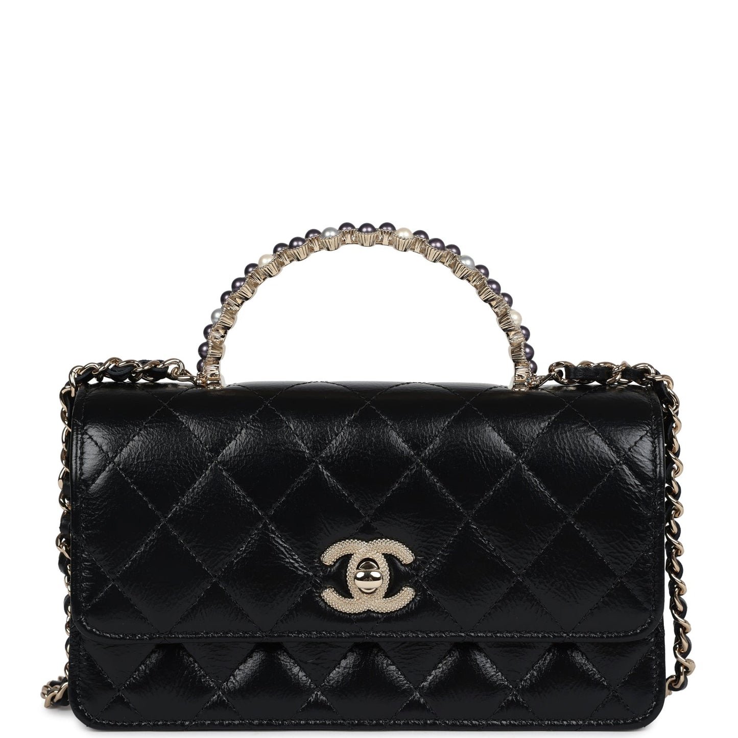 Chanel Pearl Top Handle Wallet on Chain WOC Black Shiny Aged Calfskin Light Gold Hardware Bag
