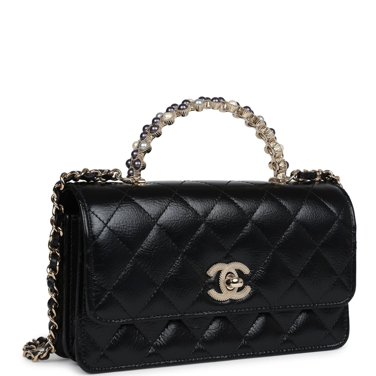 Chanel Pearl Top Handle Wallet on Chain WOC Black Shiny Aged Calfskin Light Gold Hardware Bag