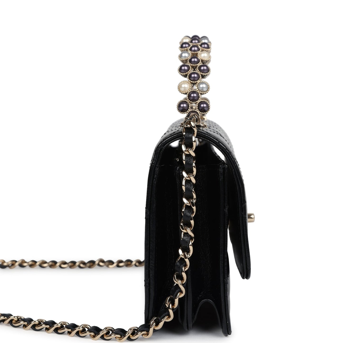 Chanel Pearl Top Handle Wallet on Chain WOC Black Shiny Aged Calfskin Light Gold Hardware Bag