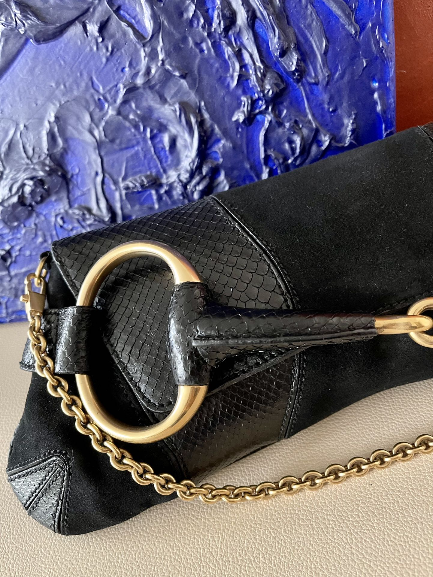 Gucci Horsebit Large And Python Skin Shoulder Bag Leather Suede