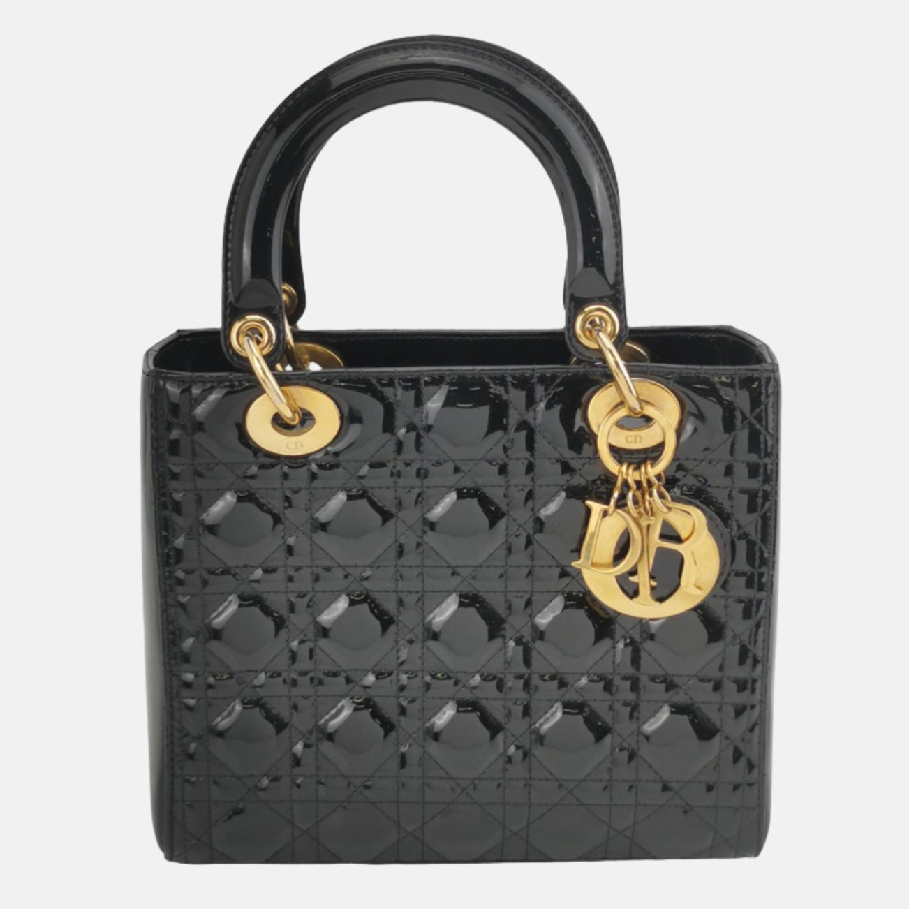 Dior Lady Medium Patent Handbag With Hardware Leather Black Travel Bag