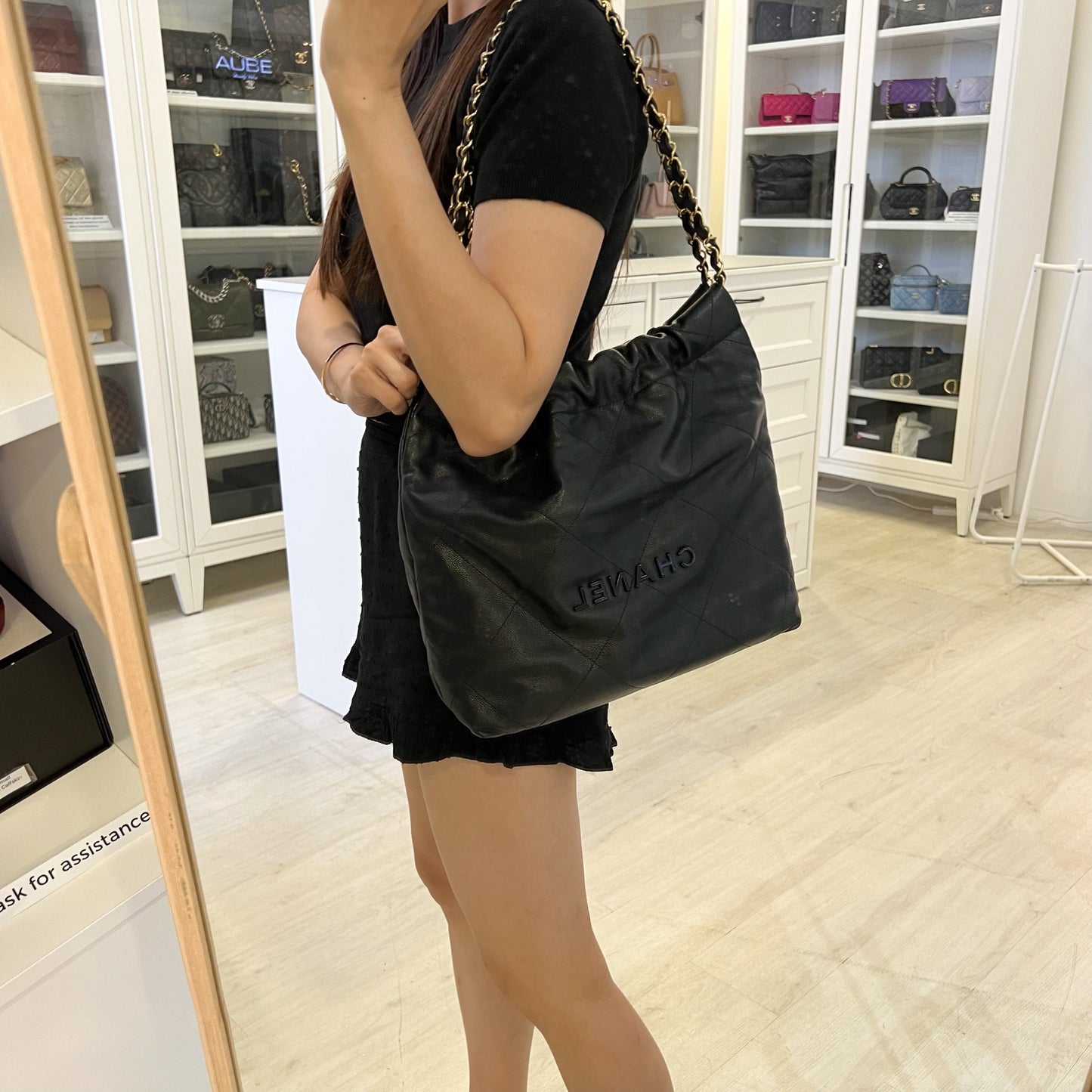 Chanel 22 Small Hobo Handbag in Black Shiny Caviar and AGHW (Model: )