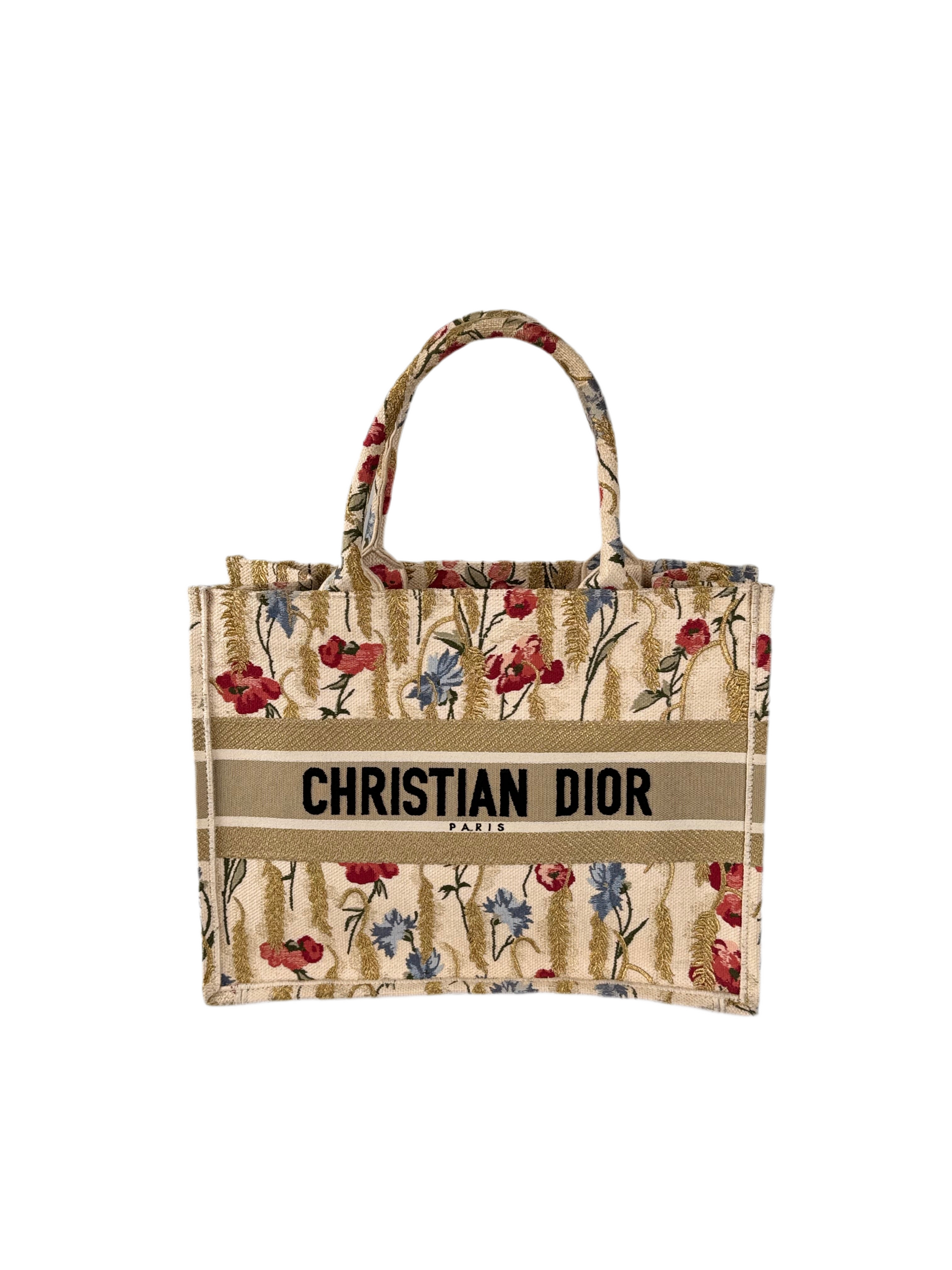 Dior Tote Bag Christian Floral Book Tote Canvas Beige Medium