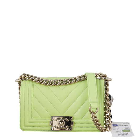 Chanel Boy Small Chevron Handbag Quilted Green Crossbody Bag