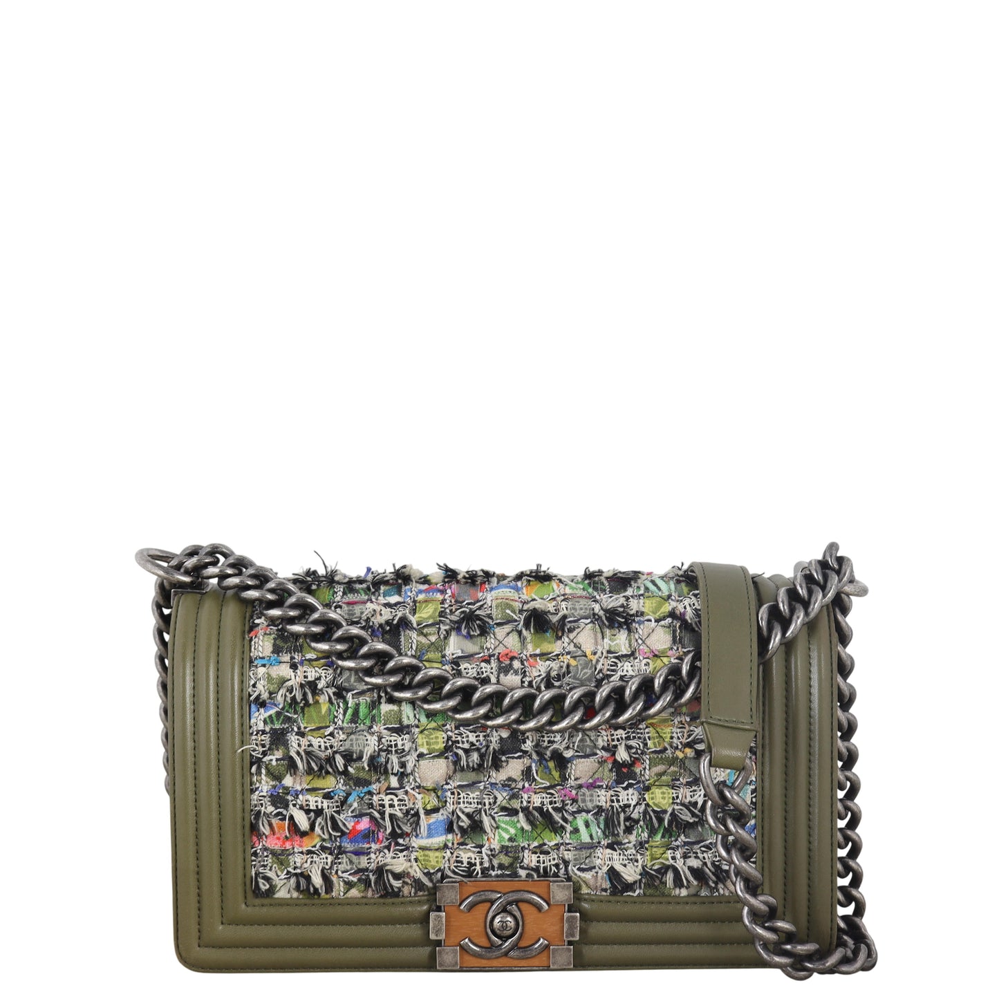 Chanel Boy Old Tweed Handbag Quilted Green Crossbody Bag