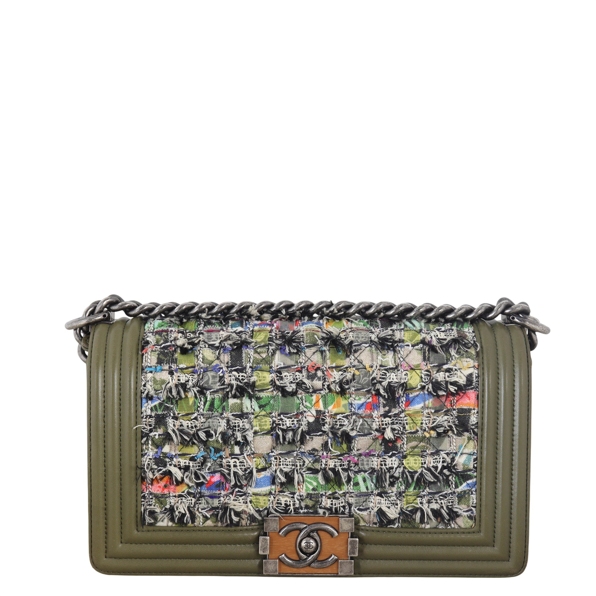 Chanel Boy Old Tweed Handbag Quilted Green Crossbody Bag