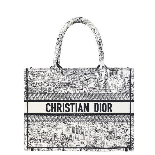 Dior Tote Bag Book Tote Paris All Over Canvas Black White