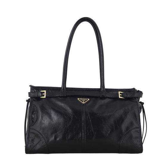 Prada Shoulder Bag Shine Bonnie Vitello Black Large