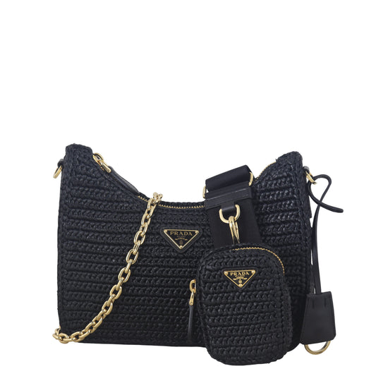 Prada Crossbody Bag Re-Edition Crochet Shoulder Bag 2 Raffia Black