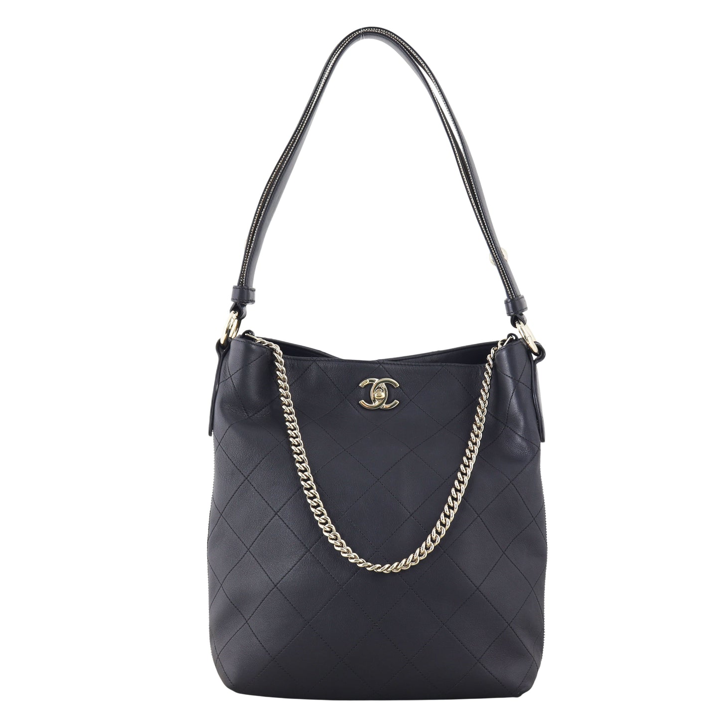 Chanel CC Side Stripes Hobo Quilted Black Hobo Bag