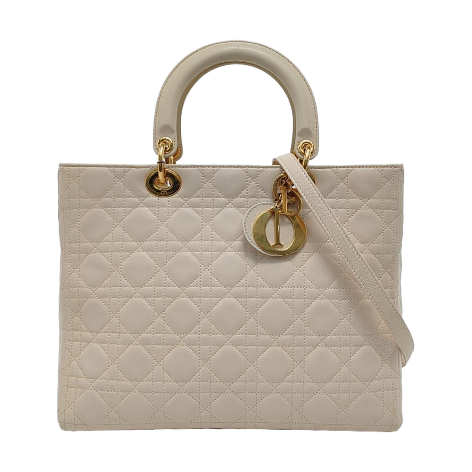 Dior Lady Large Off Lambskin Cannage Hardware Handbag Leather White Travel Bag
