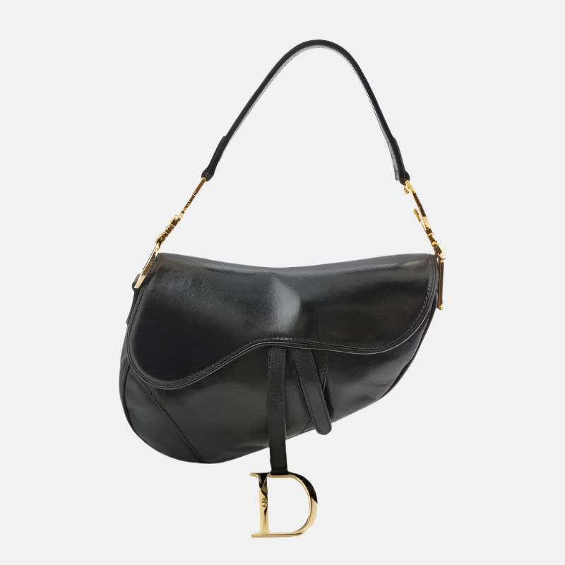 Dior Saddle Goatskin With Hardware Handbag Leather Black Travel Bag