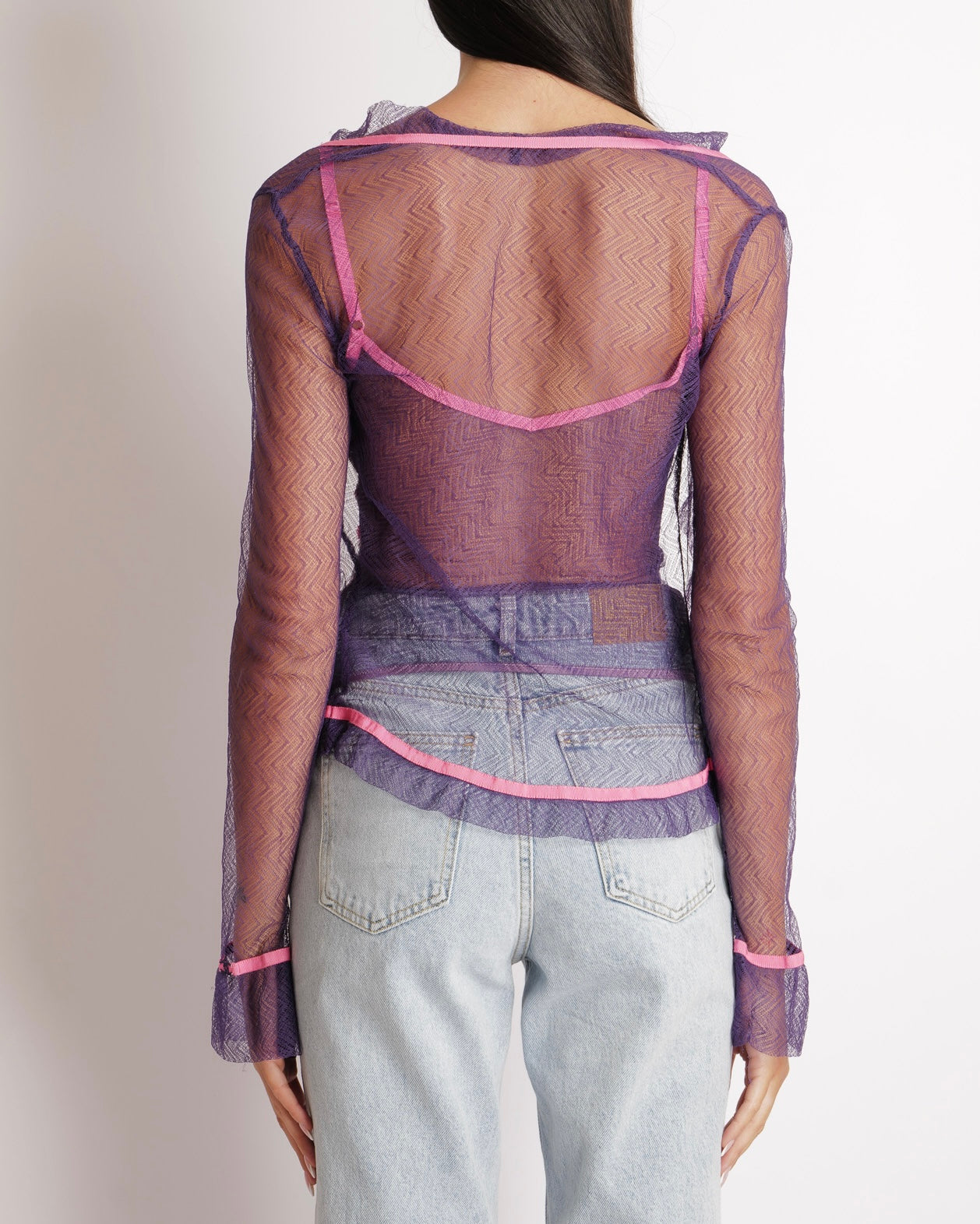 Chanel   03C Purple Lace Gilet and Multi-Colour Top Set with Pink Trims and See-Through Back Detail Size FR 38 (UK 10)
