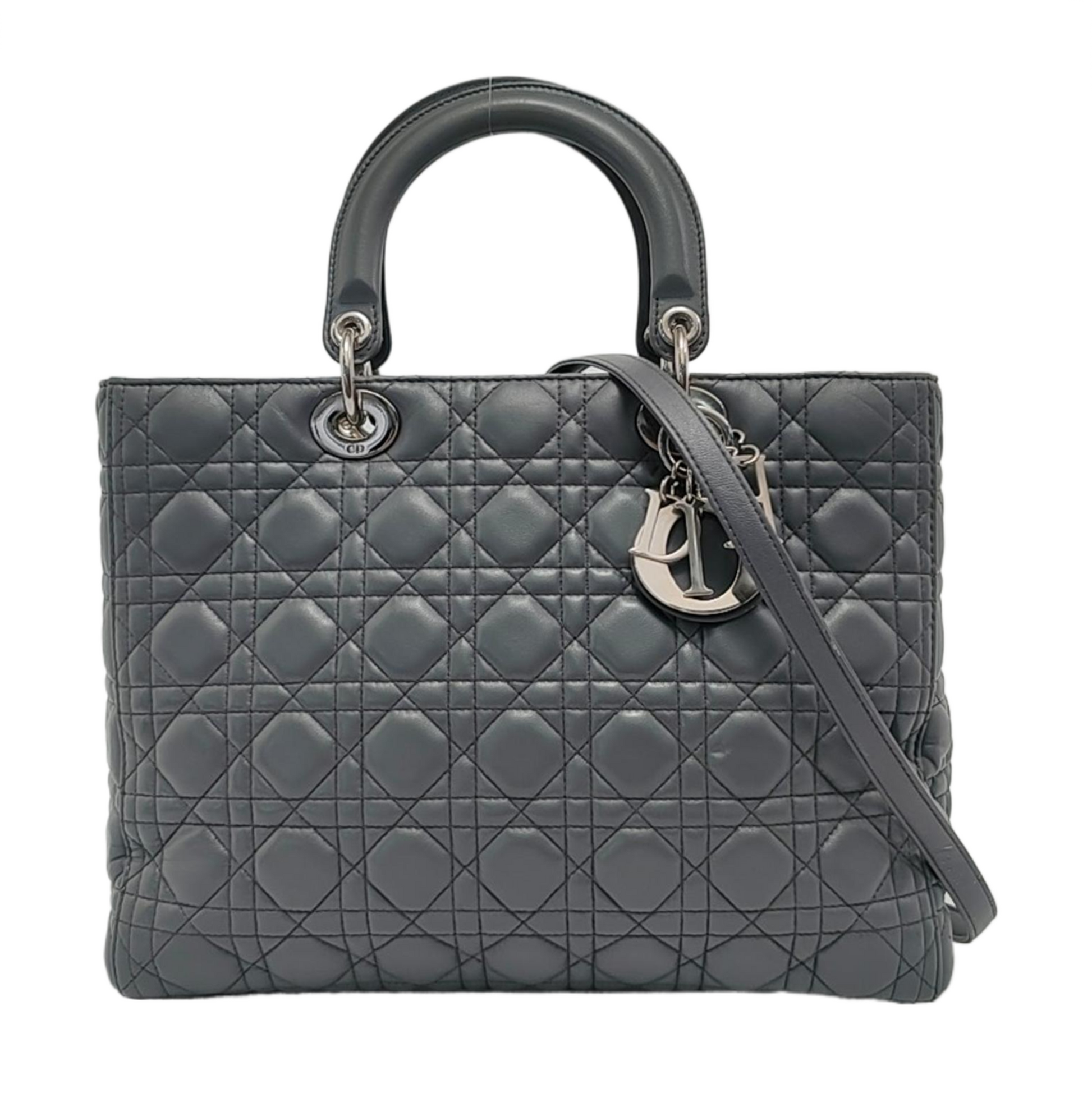 Dior Lady Dark Grey Lambskin Cannage Hardware Handbag Leather Silver Travel Bag