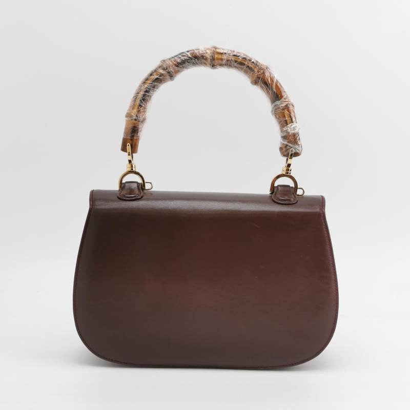 Gucci Bamboo Box Purple Leather Brown Medium Top Handle Travel Bag