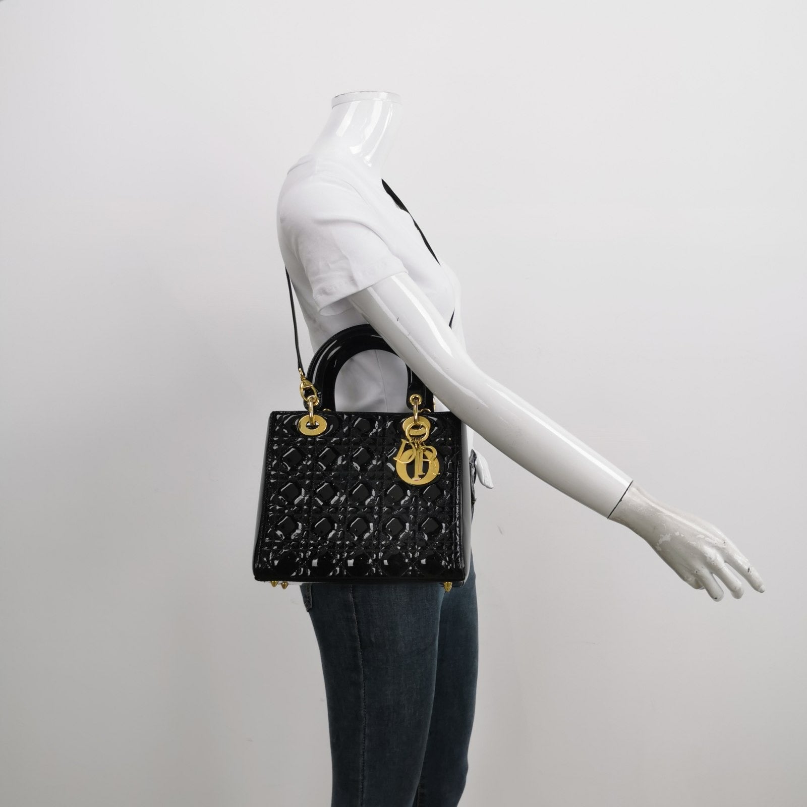 Dior Lady Medium Patent Handbag With Hardware Leather Black Travel Bag