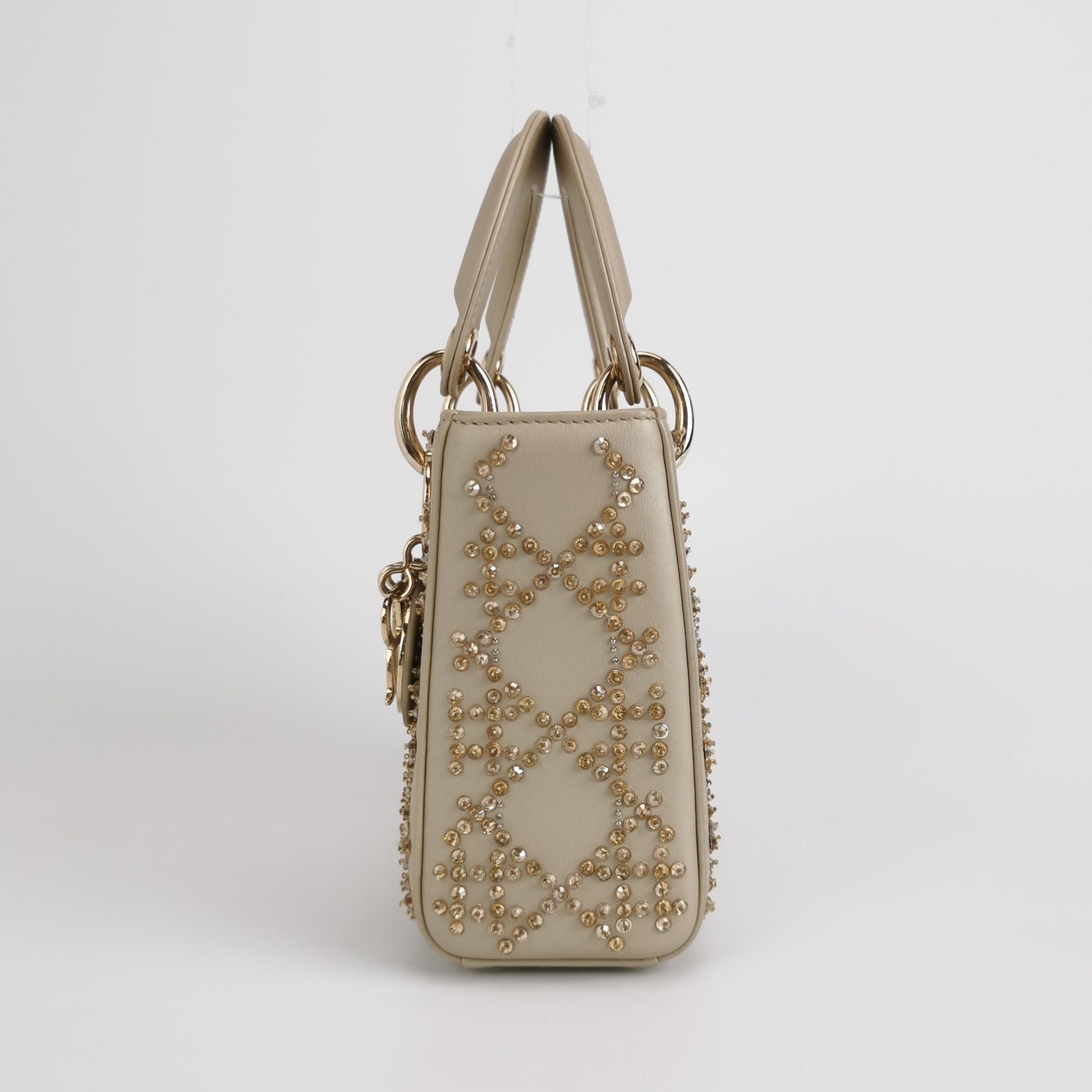 Dior Lady Calfskin With Crystals Hardware Handbag Leather Gold Travel Bag