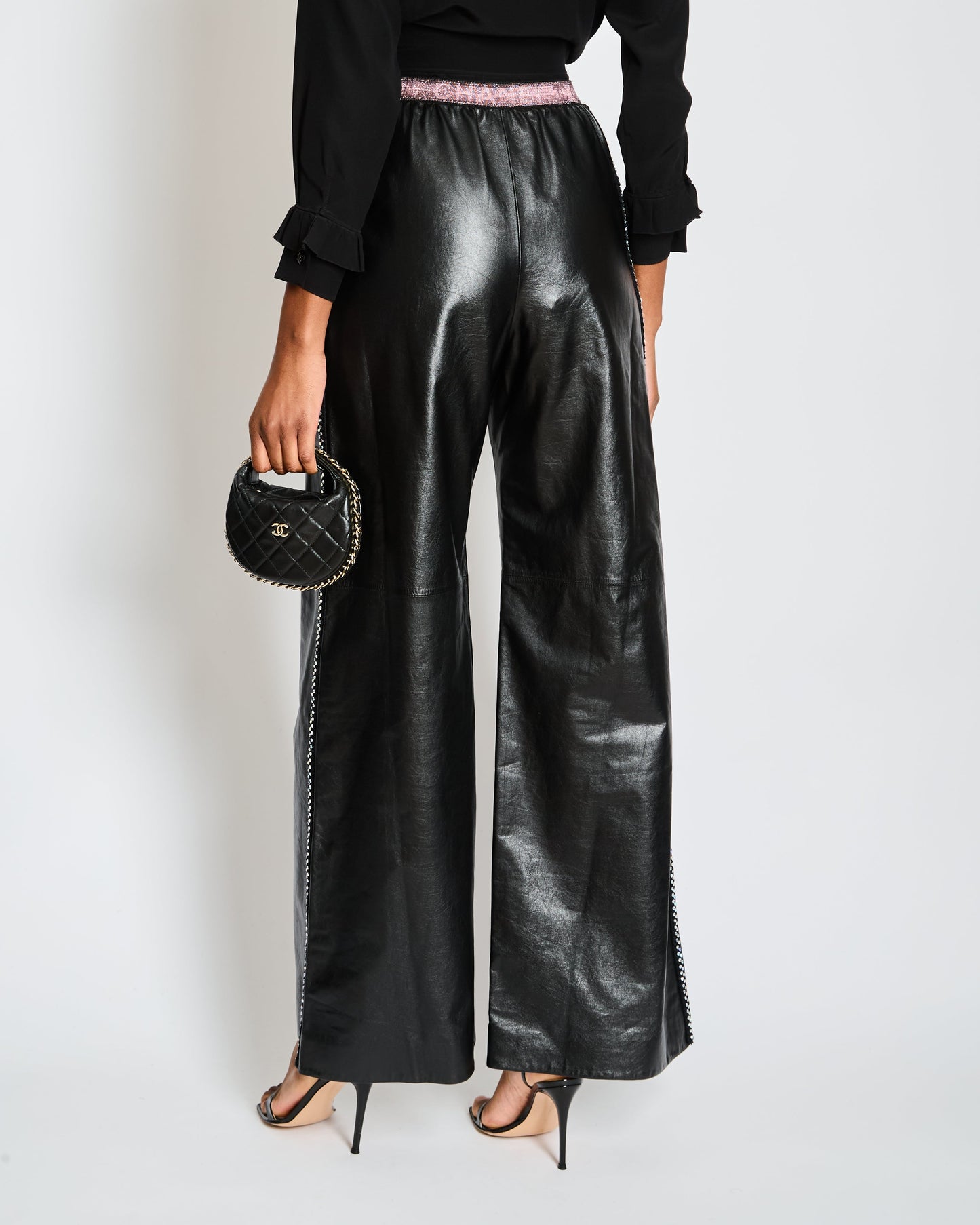 Chanel Black Leather Wide Leg Tro rs with Embellished Tweed Trim and Pink Logo Waistband Size FR 34 (UK 6) Accessory
