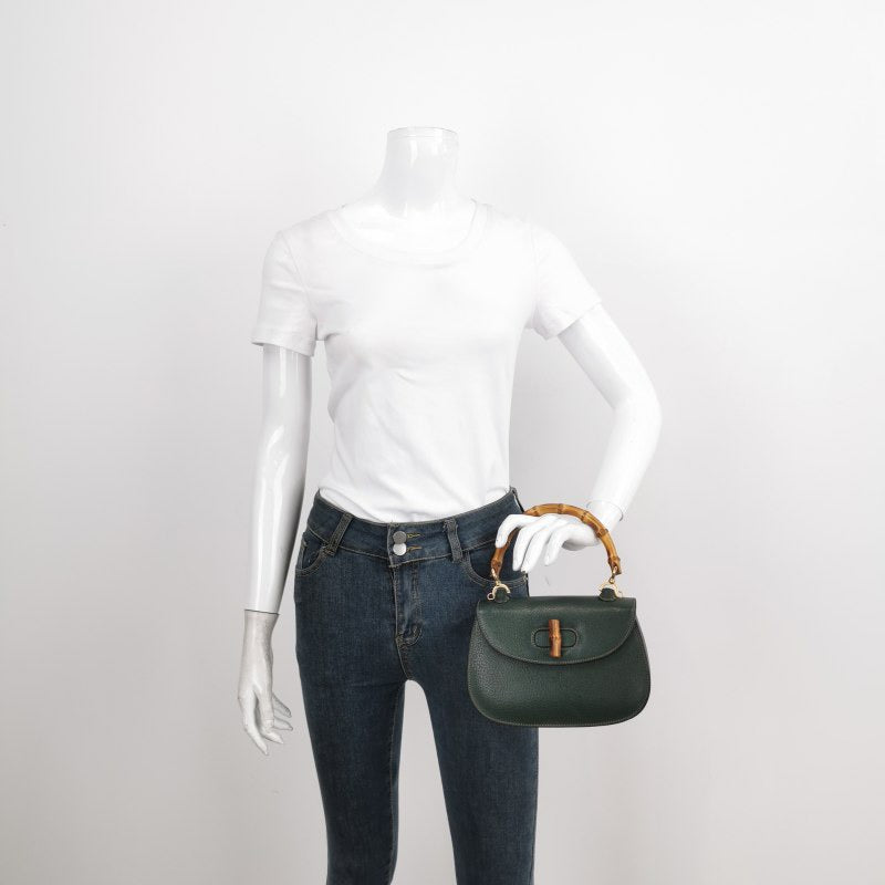 Gucci Bamboo Dark Leather Green Small Top Handle Travel Bag