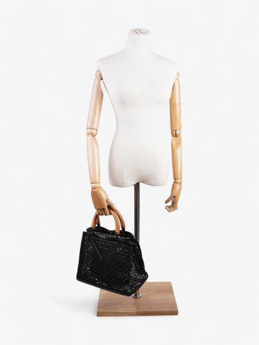 Prada Cut Out Shopper With Wooden Handles In Handbag Leather Black Travel Bag