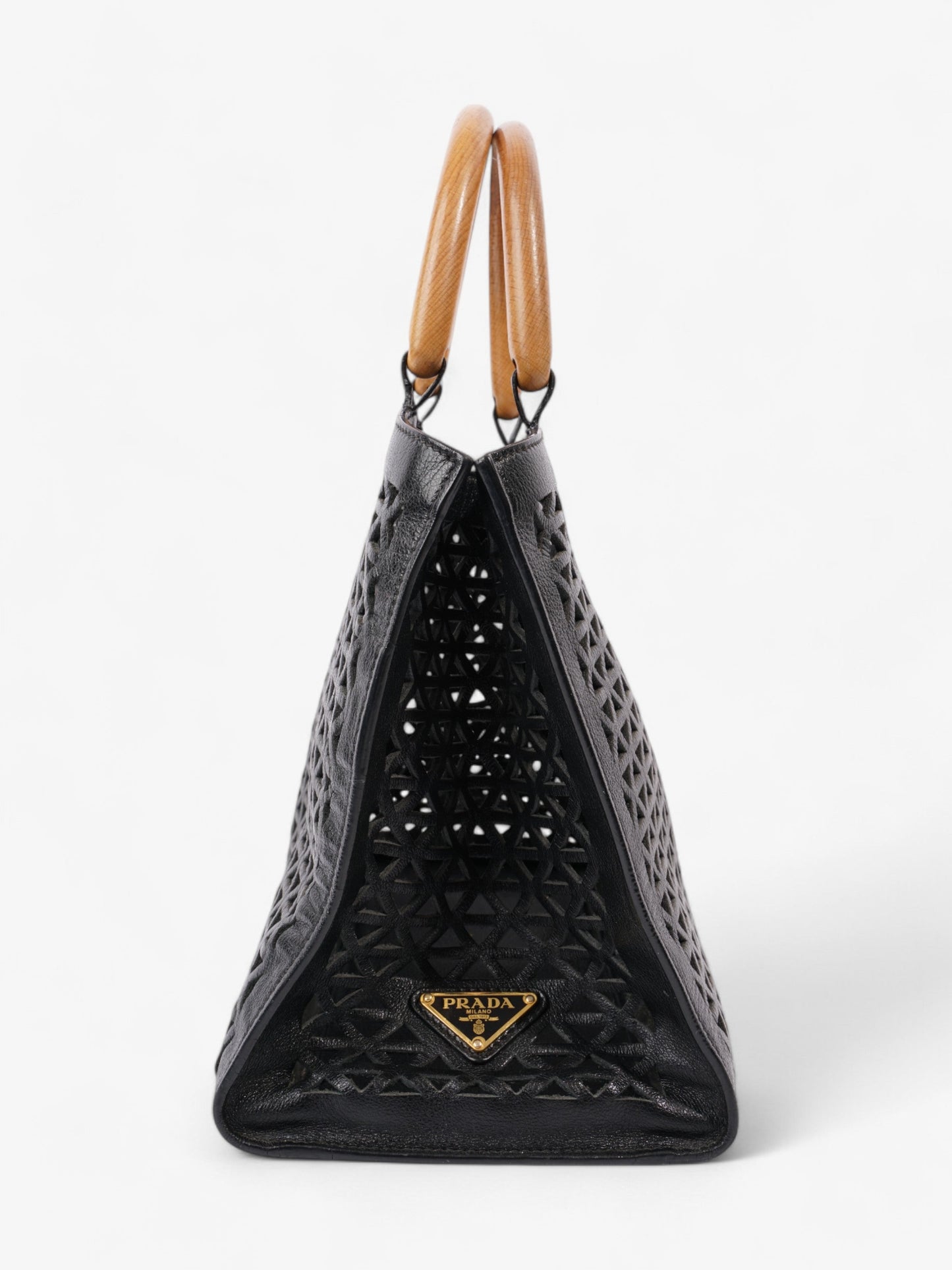Prada Cut Out Shopper With Wooden Handles In Handbag Leather Black Travel Bag