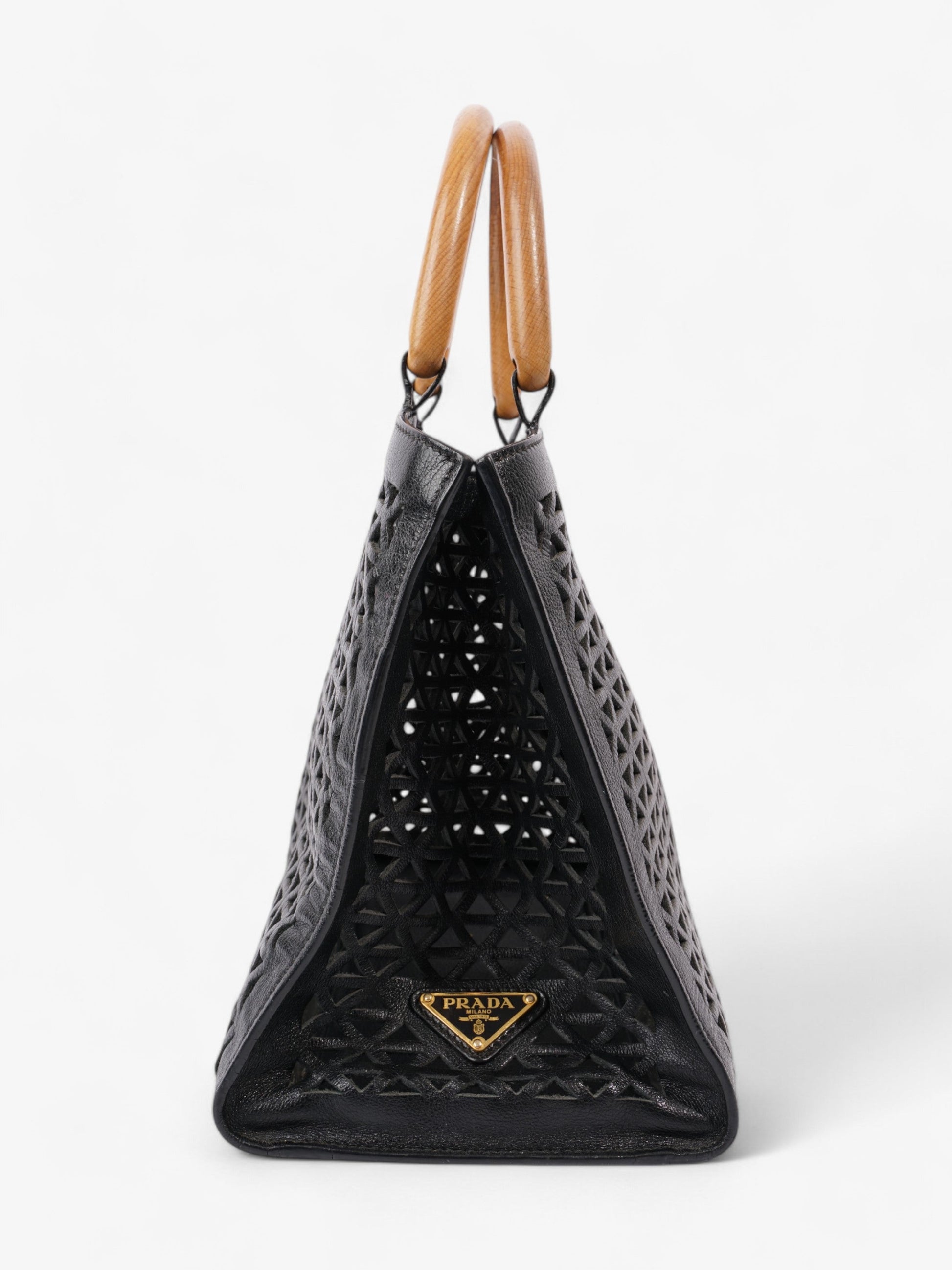 Prada Cut Out Shopper With Wooden Handles In Handbag Leather Black Travel Bag
