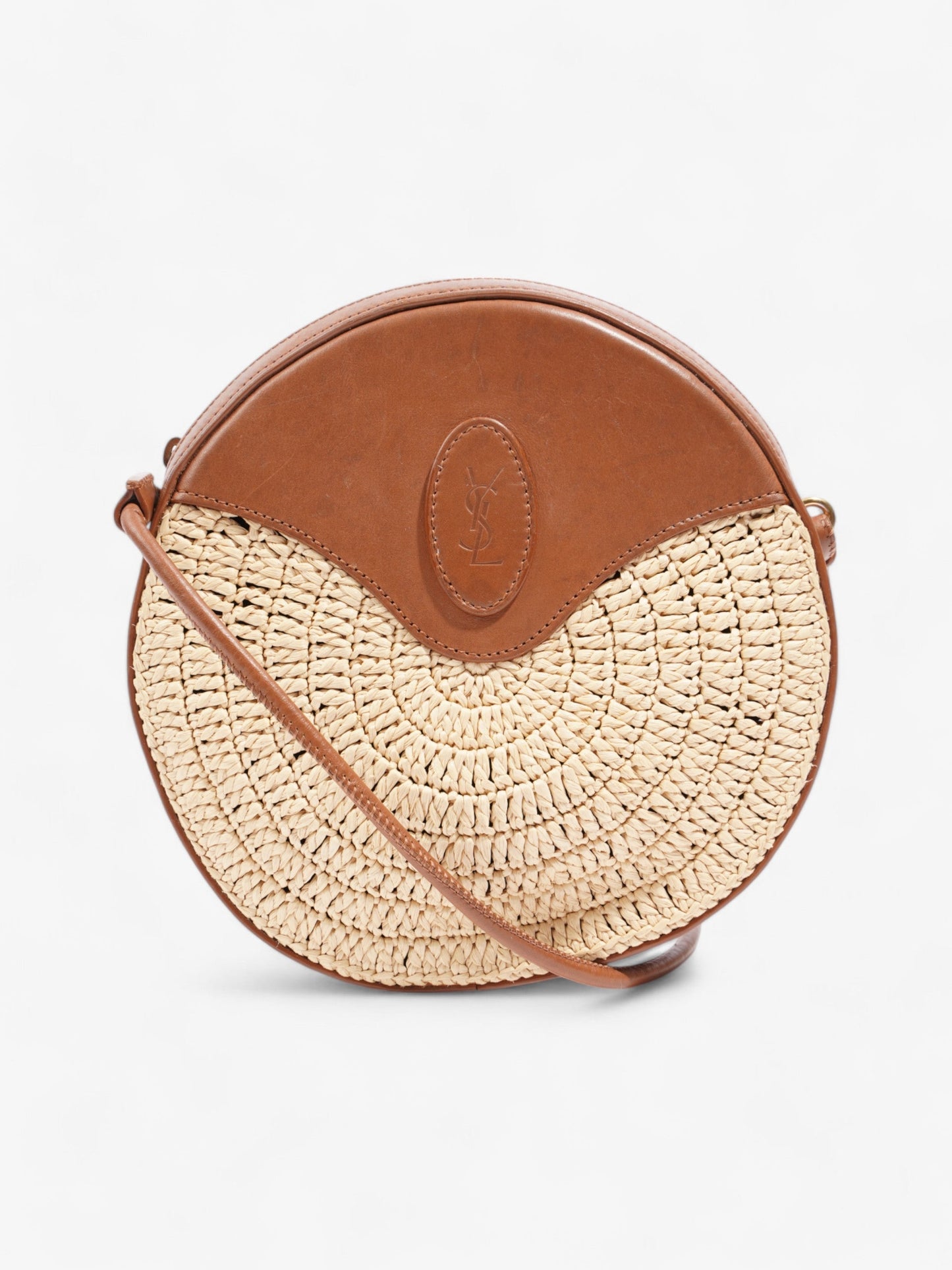 YSL Saint Laurent Round Crossbody Bag Straw Straw Leather Raffia Brown